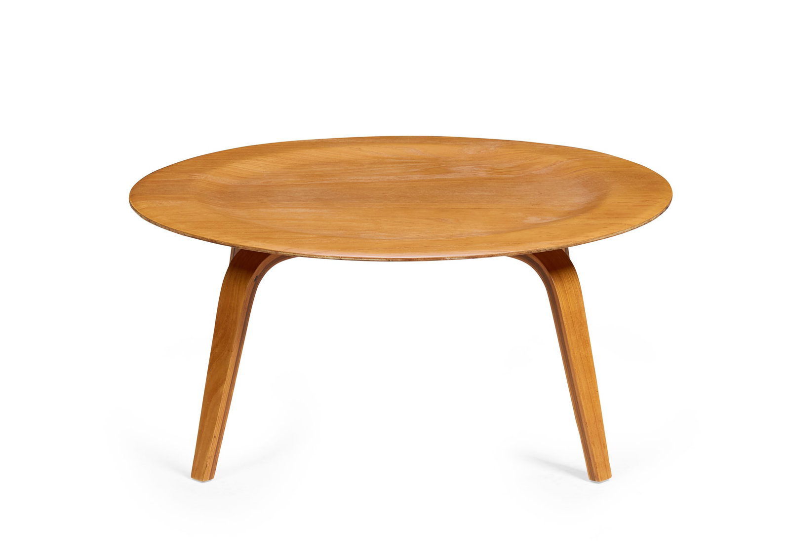 CHARLES & RAY EAMES (AMERICAN 1907–1978 & 1912–1988): CHARLES & RAY EAMES (AMERICAN 1907–1978 & 1912–1988) 'CTW-3' TABLE bent plywood 39cm high, 87cm diameter (15 3/8in high, 34 ¼in diameter)