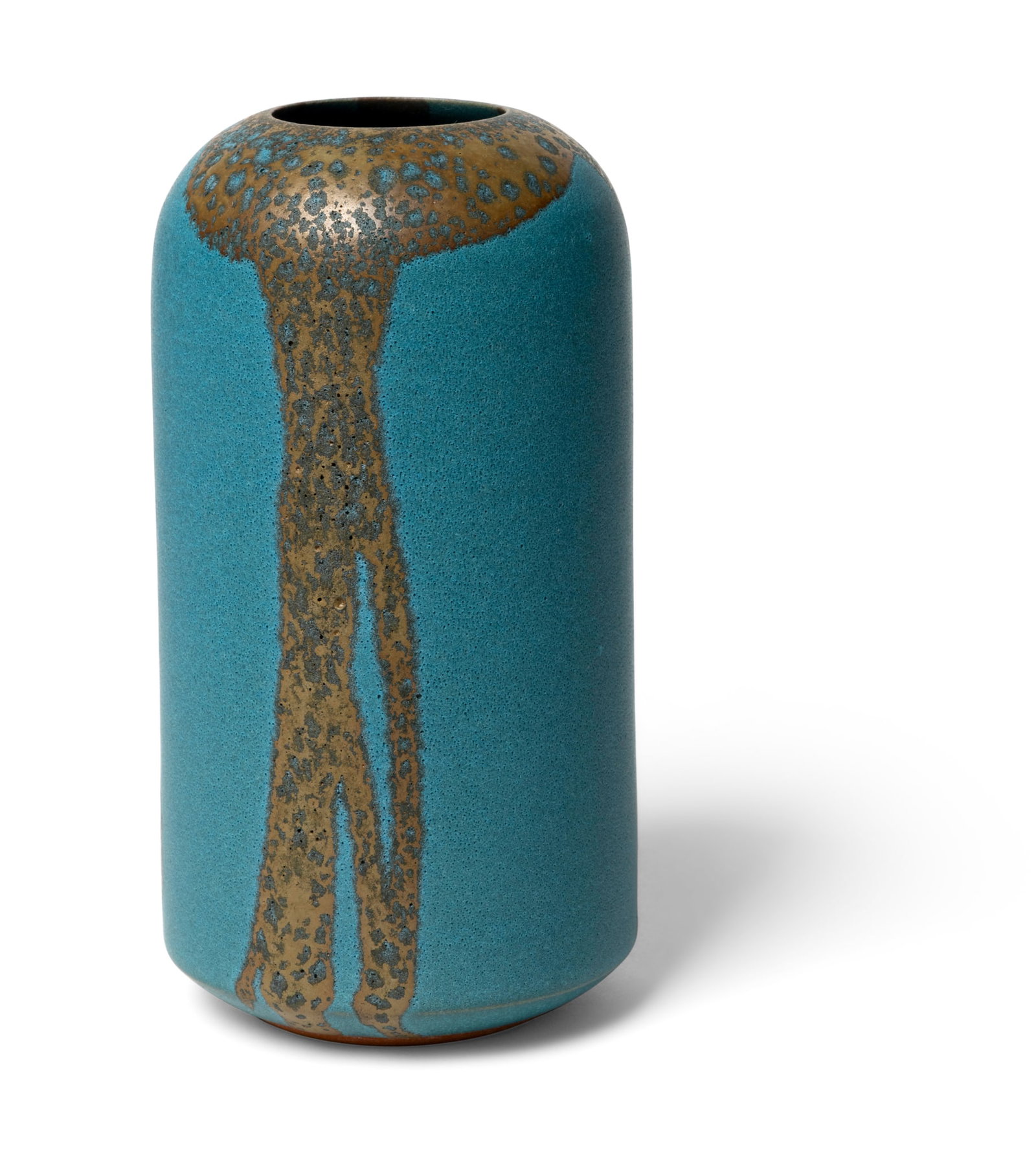 MORINO HIROAKI TAIMEI (JAPANESE 1934-): MORINO HIROAKI TAIMEI (JAPANESE 1934-) VASE incised artist's mark, stoneware, turquoise glaze with gold pours, together with signed wooden box 17cm high, 8.5cm diameter (6 ¾in high, 3 3/8in diame