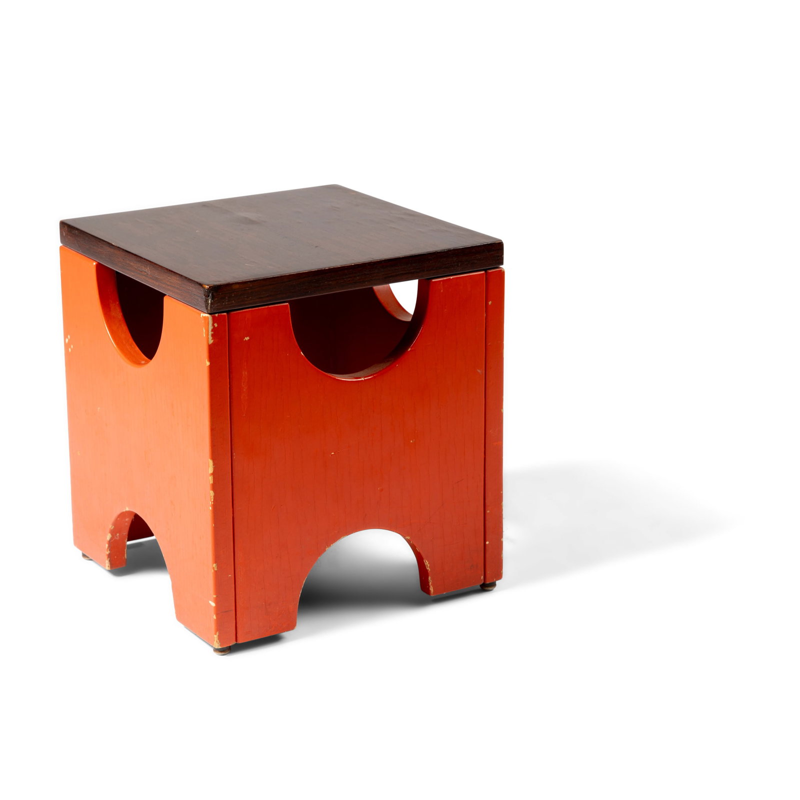 § ETTORE SOTTSASS (ITALIAN 1917-2007) FOR POLTRONOVA: ETTORE SOTTSASS (ITALIAN 1917-2007) FOR POLTRONOVA 'DADO' STOOL, DESIGNED 1963 model T29, walnut and painted wood 32cm high, 29cm wide, 29cm deep (12 ½in high, 11 3/8in wide, 11 3/8in deep)