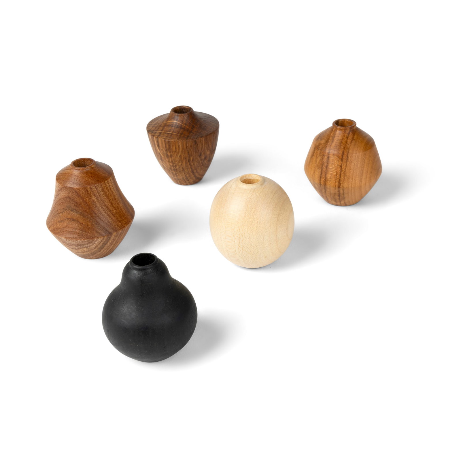 § ASH & PLUMB (BRITISH 1988- & 1987-): ASH & PLUMB (BRITISH 1988- & 1987-) SET OF FIVE DRIED FLOWER VASES, 2021 each stamped with maker's mark (to base), in brown oak, sycamore, ebonised chestnut, cherry and elm, finished with a natural ha