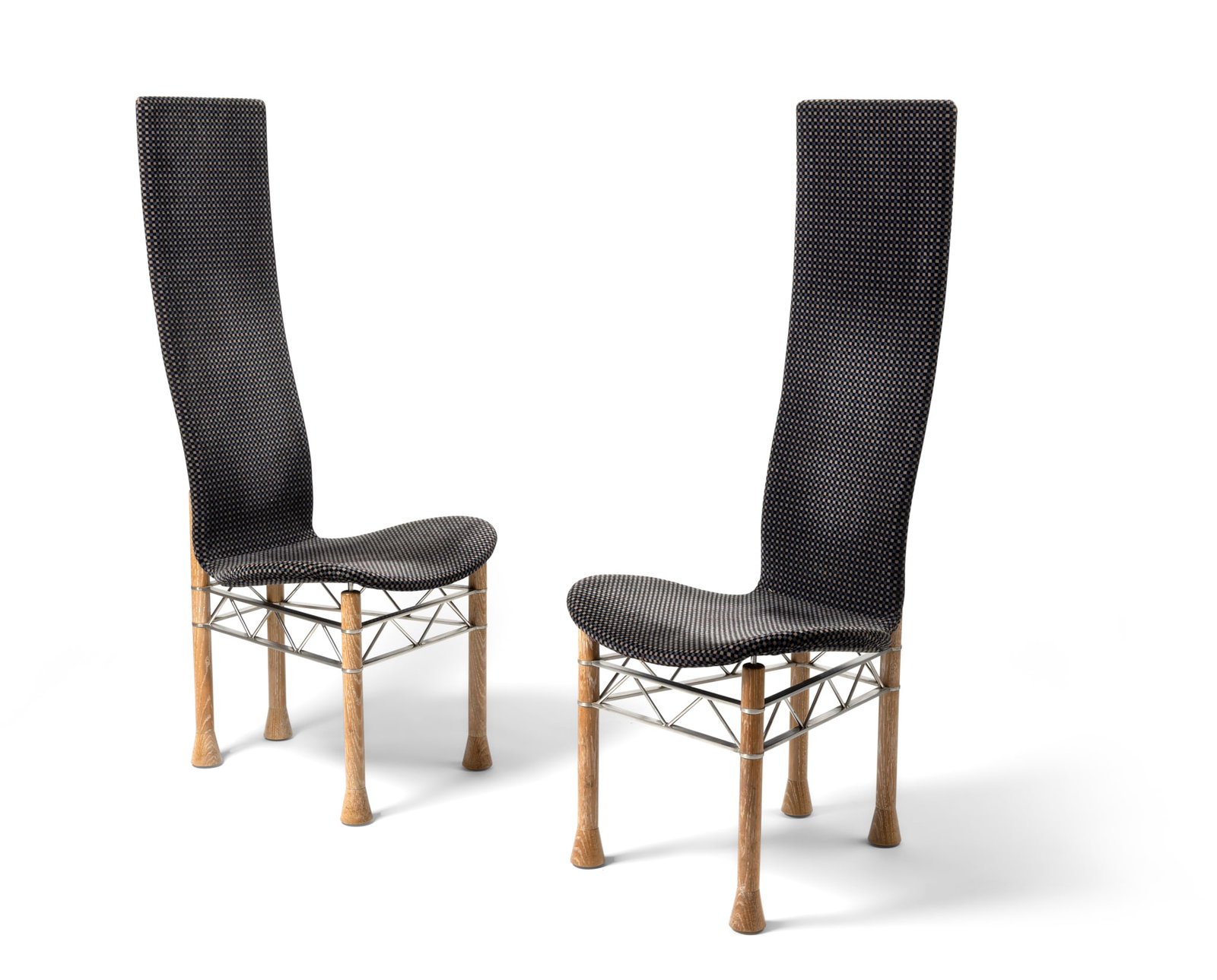 § JOHN MAKEPEACE (BRITISH 1939-): JOHN MAKEPEACE (BRITISH 1939-) PAIR OF CHAIRS, 1980s each stamped John Makepeace Workshops (to rear leg), limed oak, steel and upholstered chairs 125cm high, 51.5cm wide, 52cm deep (49 ¼in high,