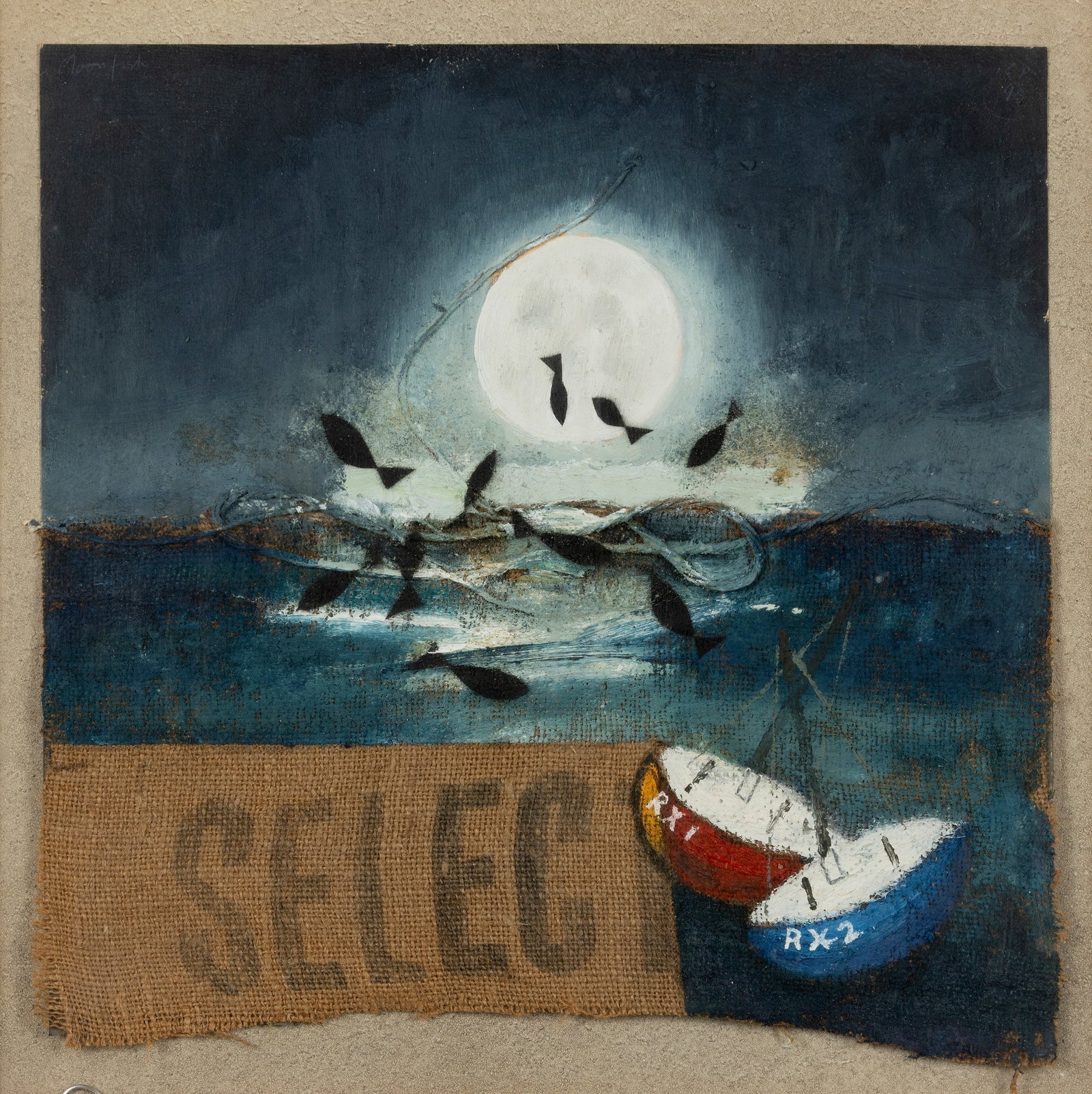 § KEITH PURSER (BRITISH 1944 - ): KEITH PURSER (BRITISH 1944 - ) MOON FISH, 1993 initialled and dated (upper right), titled (upper left), also signed, titled and dated in pen (to reverse), mixed media and collage on card 39cm x