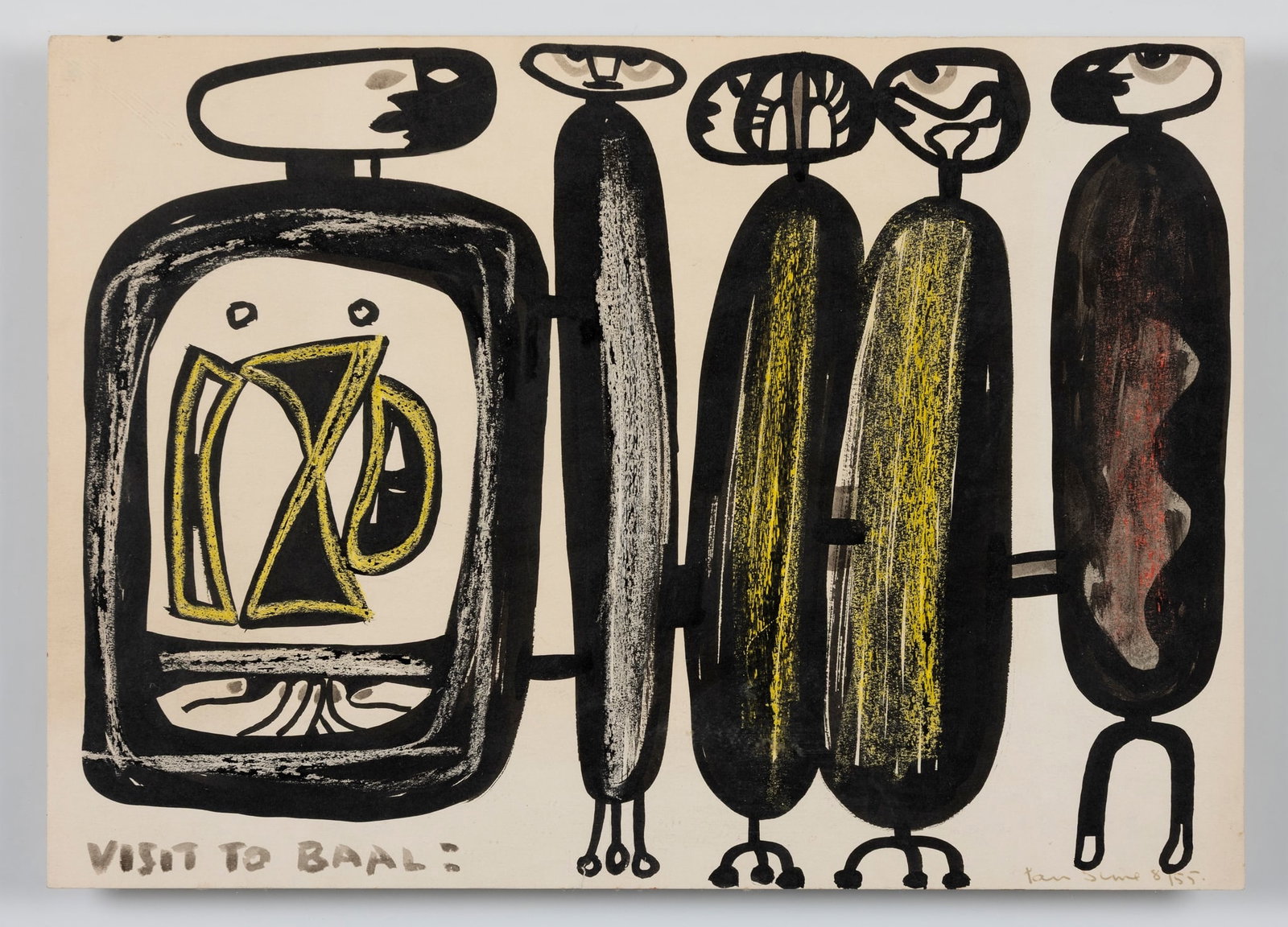§ IAN SIME (AUSTRALIAN 1926-1989): IAN SIME (AUSTRALIAN 1926-1989) VISIT TO BAAL, 1955 signed and dated 8/55 in ink (lower right), titled (lower left), ink, watercolour and oil on paper 25.5cm x 35.5cm (10in x 14in) Klaus and Gertrud A