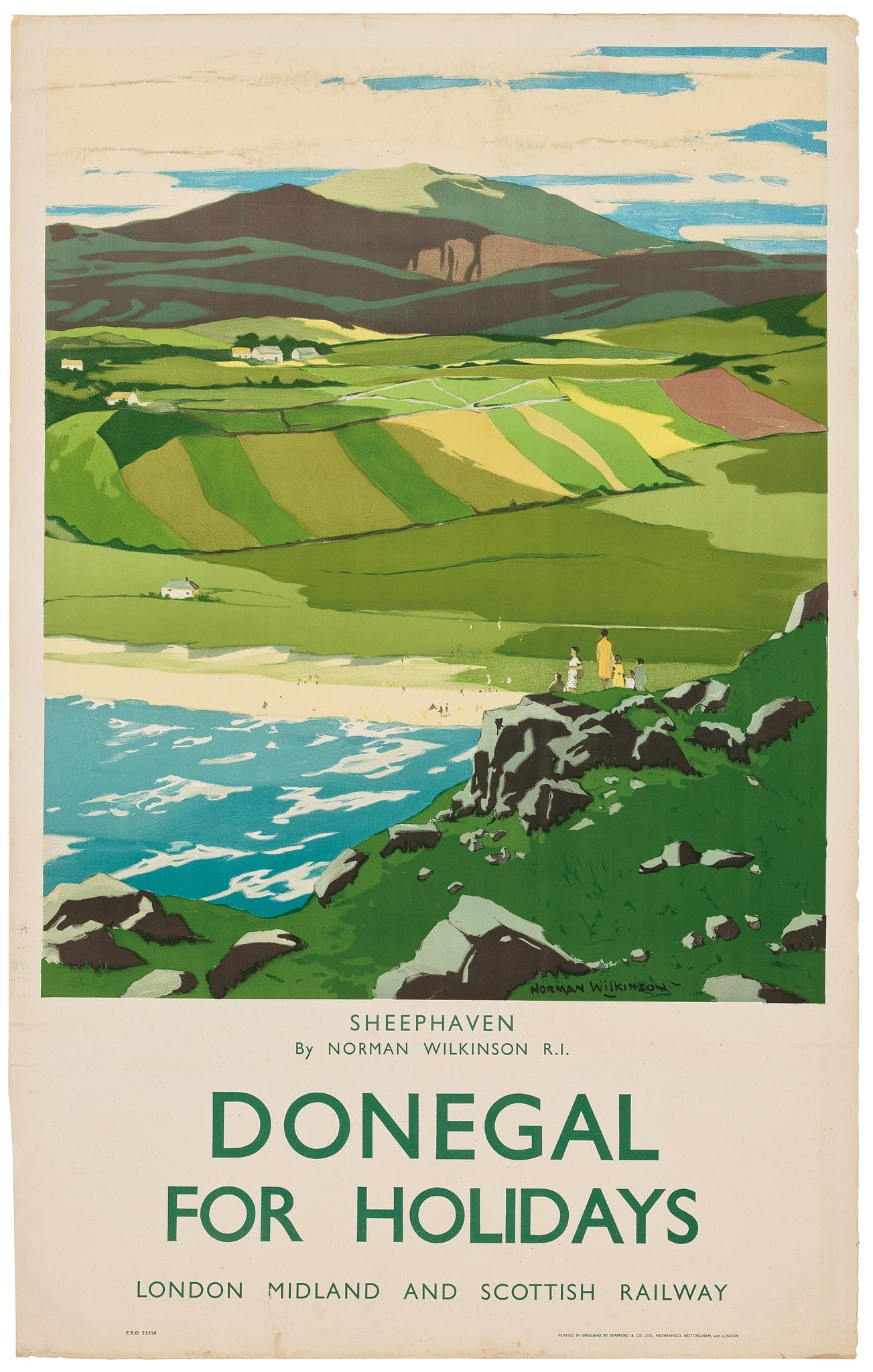 NORMAN WILKINSON (1878–1971): NORMAN WILKINSON (1878–1971) DONEGAL FOR HOLIDAYS, SHEEPHAVEN lithographic poster, c.1930, condition A-; not backed 40 x 25in. (102 x 64cm.)