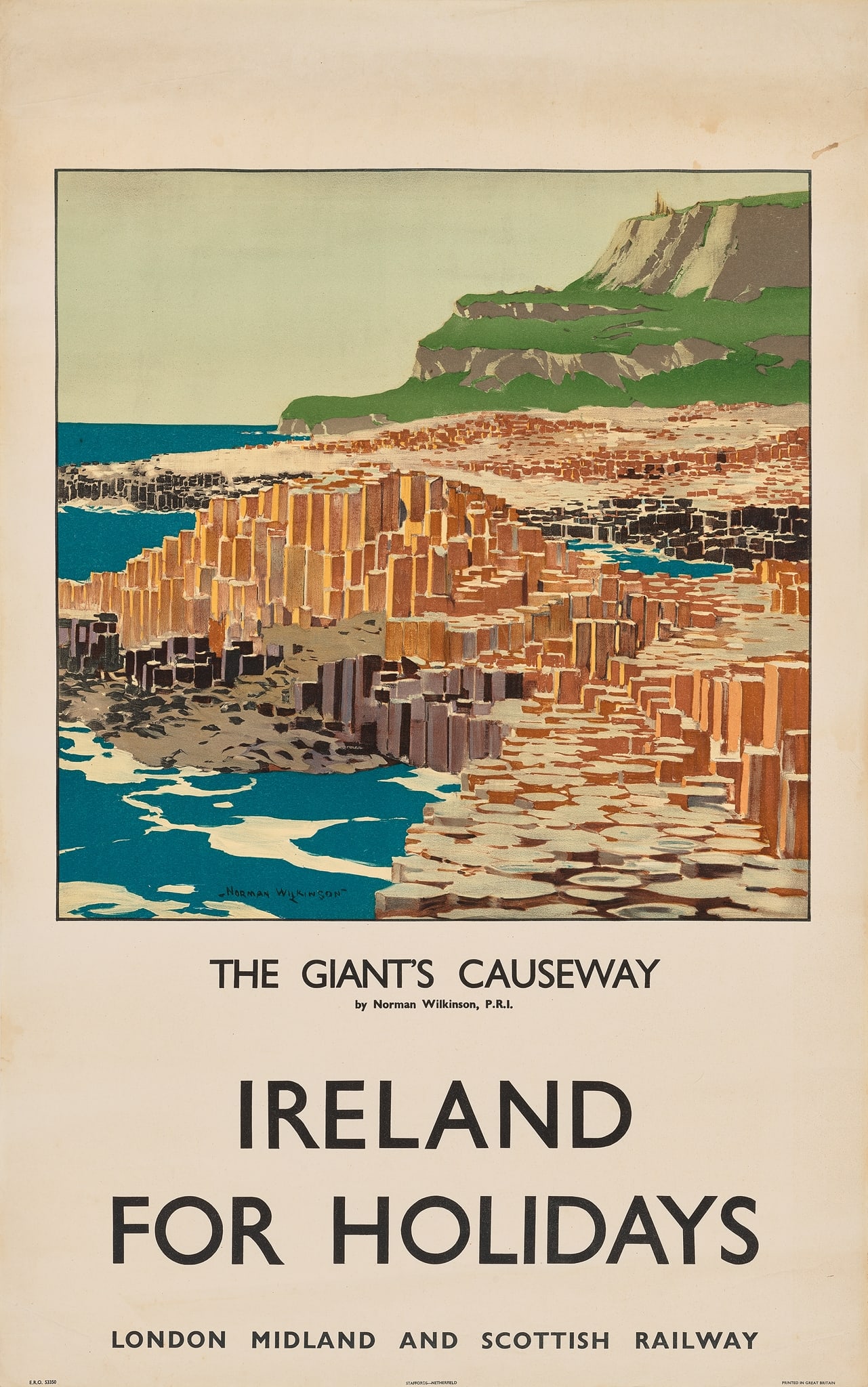 NORMAN WILKINSON (1878–1971): NORMAN WILKINSON (1878–1971) IRELAND FOR HOLIDAYS, THE GIANT'S CAUSEWAY lithographic poster, c.1930, condition B+/A-; not backed 40 x 25in. (102 x 64cm.)