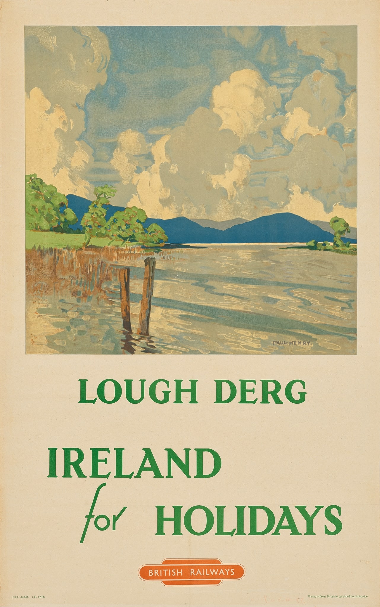 PAUL HENRY (1876–1958): PAUL HENRY (1876–1958) LOUGH DERG, IRELAND FOR HOLIDAYS lithographic poster, c.1949, condition B+/A-; not backed 40 x 25in. (102 x 64cm.)