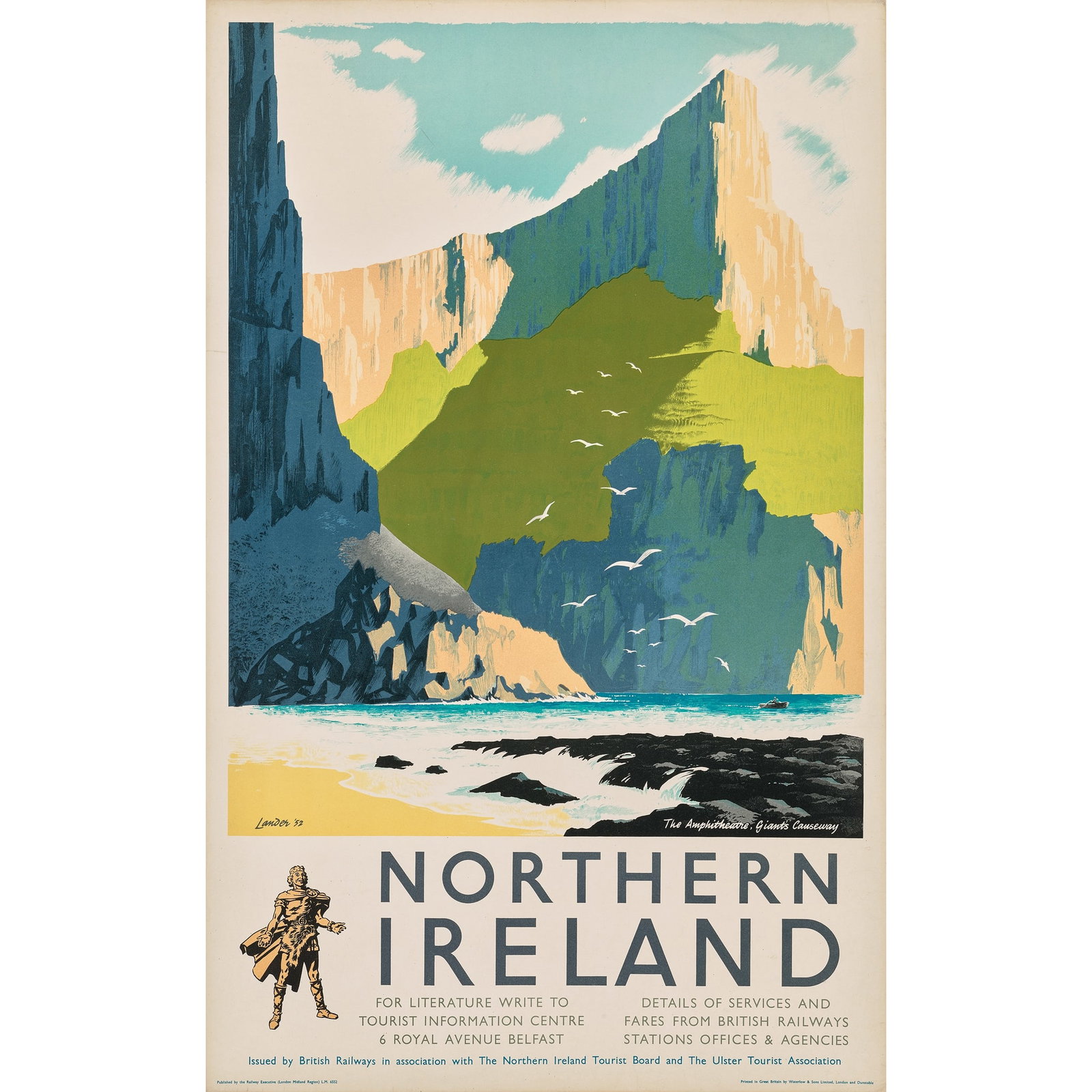 REGINALD MONTAGUE LANDER (b.1913): REGINALD MONTAGUE LANDER (b.1913) NORTHERN IRELAND, GIANTS CAUSEWAY lithographic poster, 1952, condition A-; not backed 40 x 25in. (102 x 64cm)