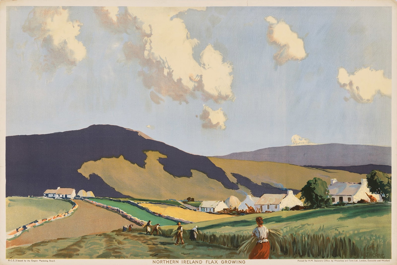 JAMES HUMBERT CRAIG (1877-1944): JAMES HUMBERT CRAIG (1877-1944) NORTHERN IRELAND FLAX GROWING lithographic poster, Issued by The Empire Marketing Board 1927, condition A-; not backed 20 x 30in. (51 x 77cm.)