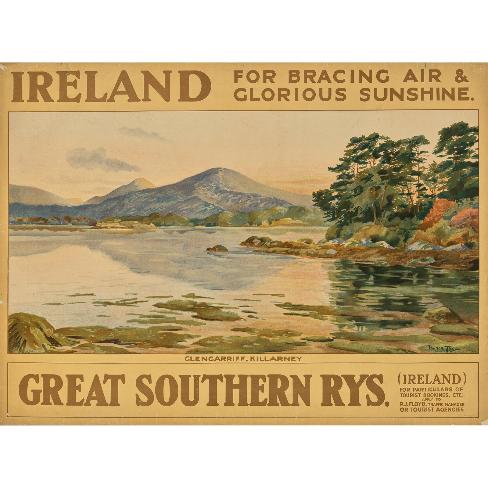WALTER TILL (1880-1930): WALTER TILL (1880-1930) GLENCARRIFF, KILLARNEY lithographic poster, c.1920, condition B/B+; backed on linen 30 x 40in. (76 x 102cm.)