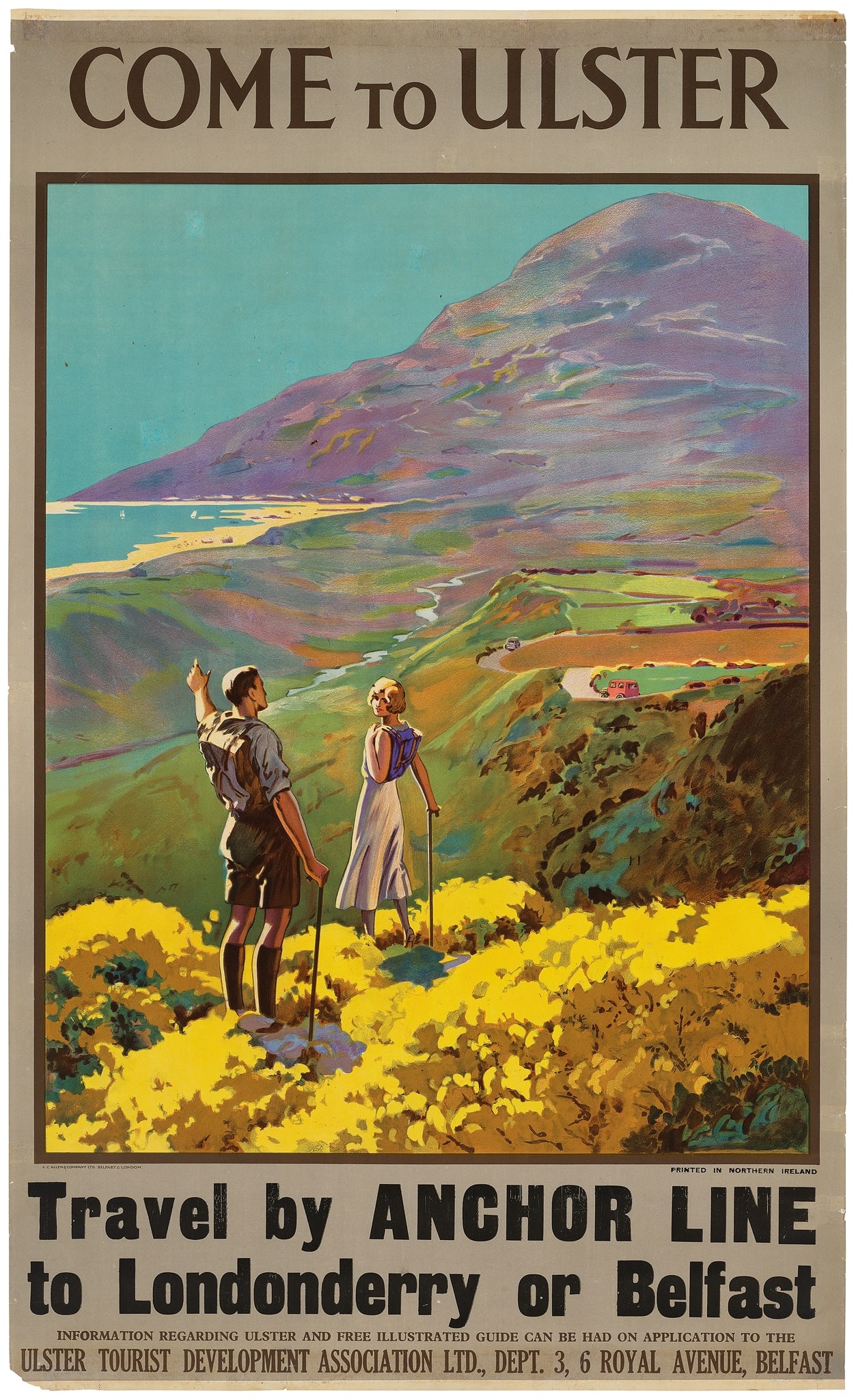 ANONYMOUS: ANONYMOUS COME TO ULSTER, TRAVEL BY ANCHOR LINE lithographic poster, 1934, condition B+/A-; not backed 39.5 x 24in. (100 x 64cm.)