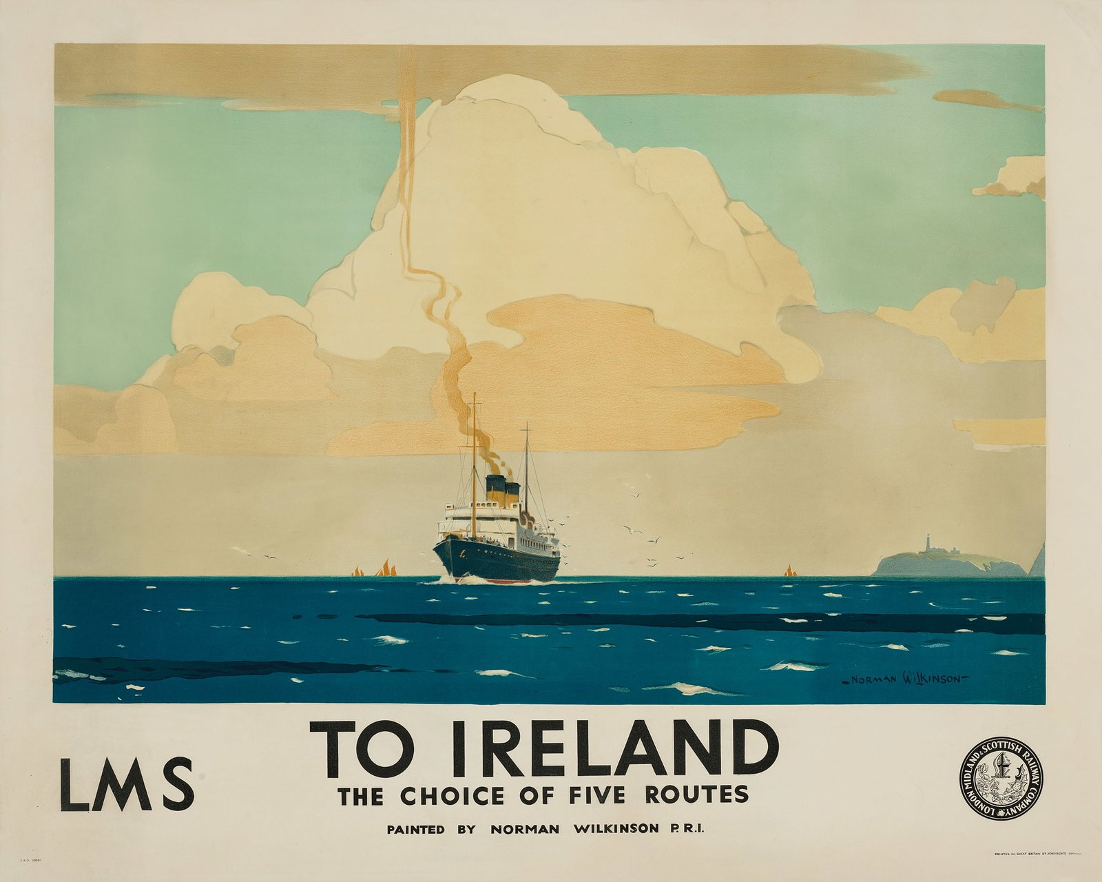 NORMAN WILKINSON (1878–1971): NORMAN WILKINSON (1878–1971) TO IRELAND lithographic poster, c.1935, condition A-; backed on linen 40 x 50in. (102 x 127cm.)