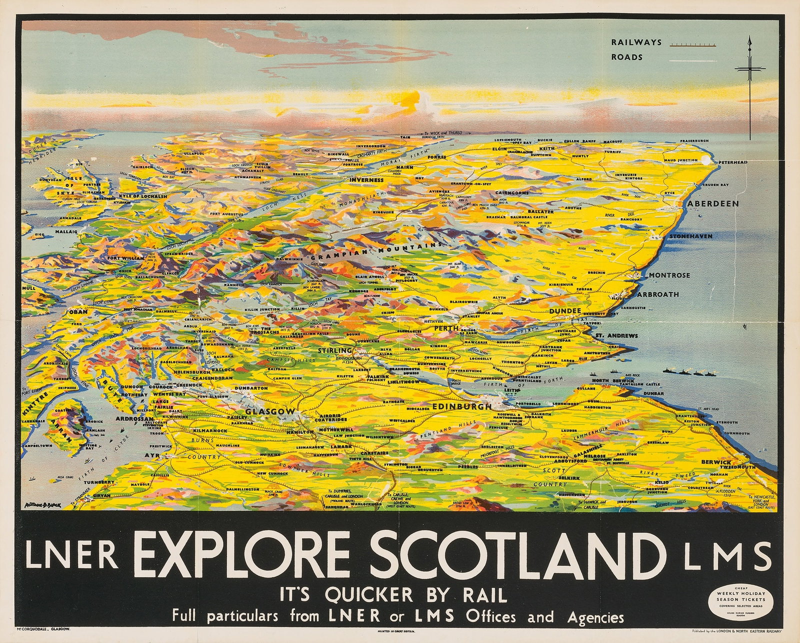 MONTAGUE BIRRELL BLACK (1884–1964): MONTAGUE BIRRELL BLACK (1884–1964) EXPLORE SCOTLAND lithographic poster, c.1930, condition B; backed on linen 40 x 50 in. (102 x 127 cm.) 