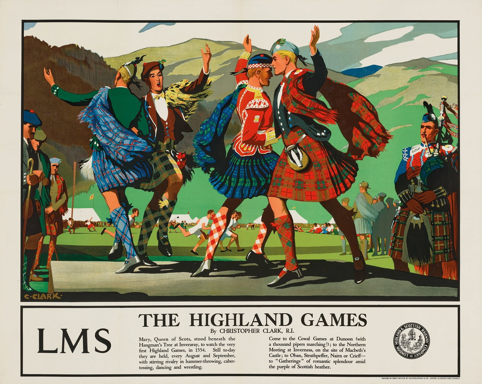 CHRISTOPHER CLARK (1875–1942): CHRISTOPHER CLARK (1875–1942) THE HIGHLAND GAMES lithographic poster, c.1930, condition B+; backed on linen 39.5 x 50in. (100 x 127cm.)