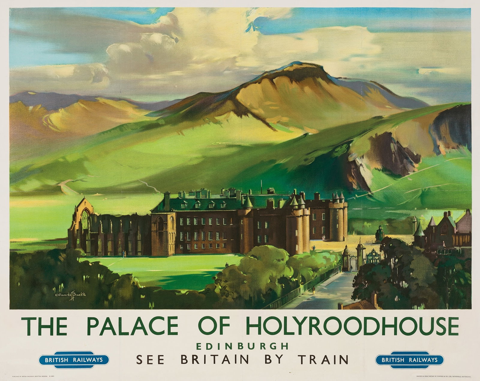 CLAUDE BUCKLE (1905-1973): CLAUDE BUCKLE (1905-1973) THE PALACE OF HOLYROODHOUSE lithographic poster, 1955, condition B+; backed on linen 39.5 x 50in. (100 x 127cm.)