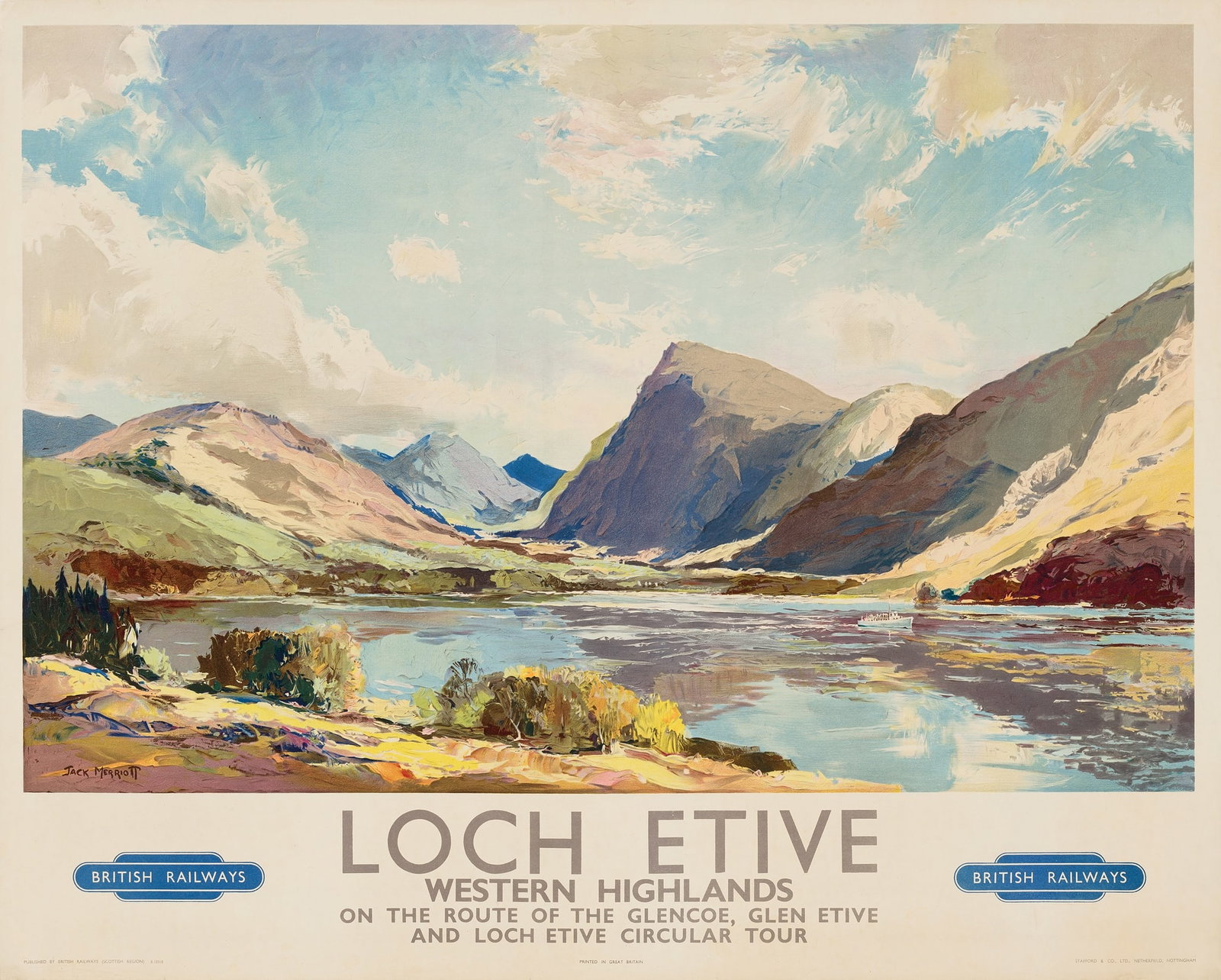 JACK MERRIOTT (1901–1968): JACK MERRIOTT (1901–1968) LOCH ETIVE, WESTERN HIGHLANDS lithographic poster, c.1950, condition A-; backed on linen 40 x 50in. (102 x 127cm.)