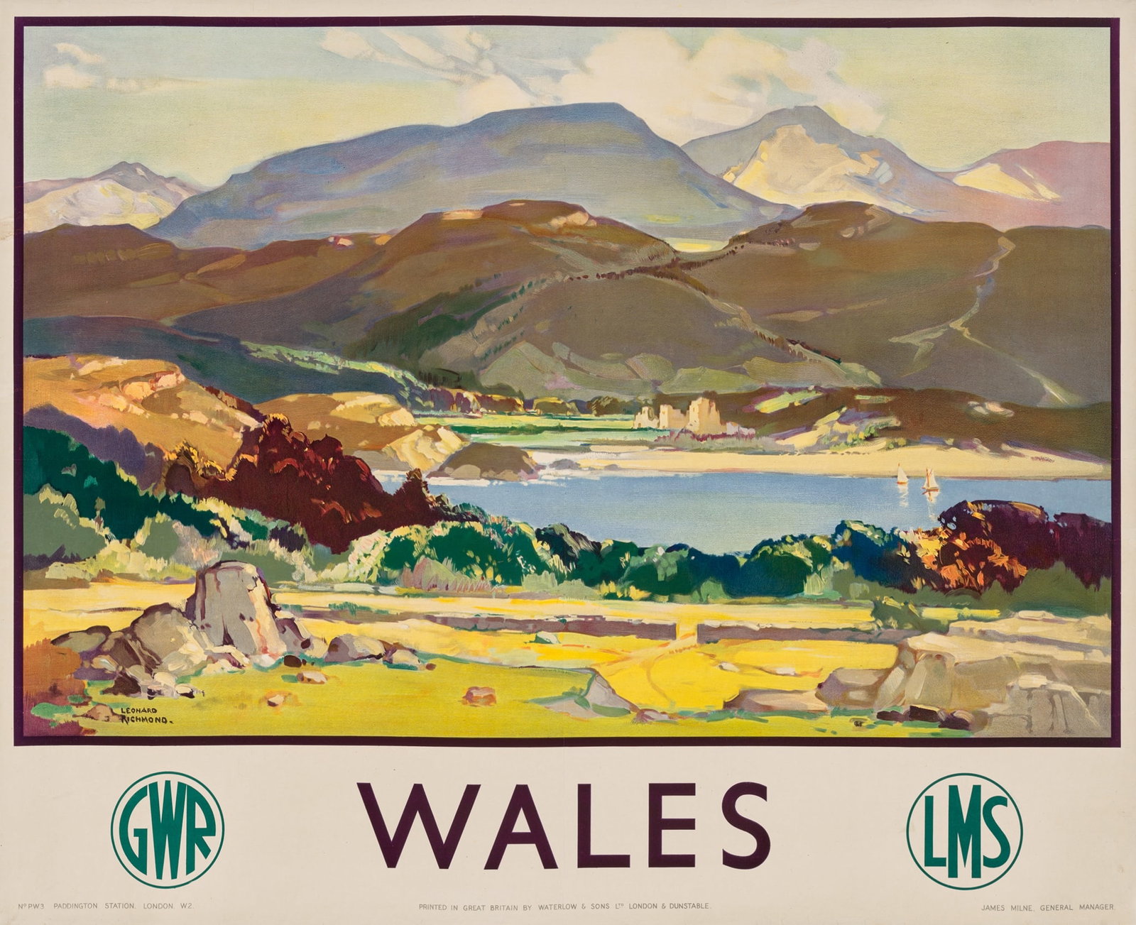 LEONARD RICHMOND (1889-1955): LEONARD RICHMOND (1889-1955) WALES lithographic poster; 1930, condition B+/A-; backed on linen 40 x 50 in. (102 x 127cm.) 