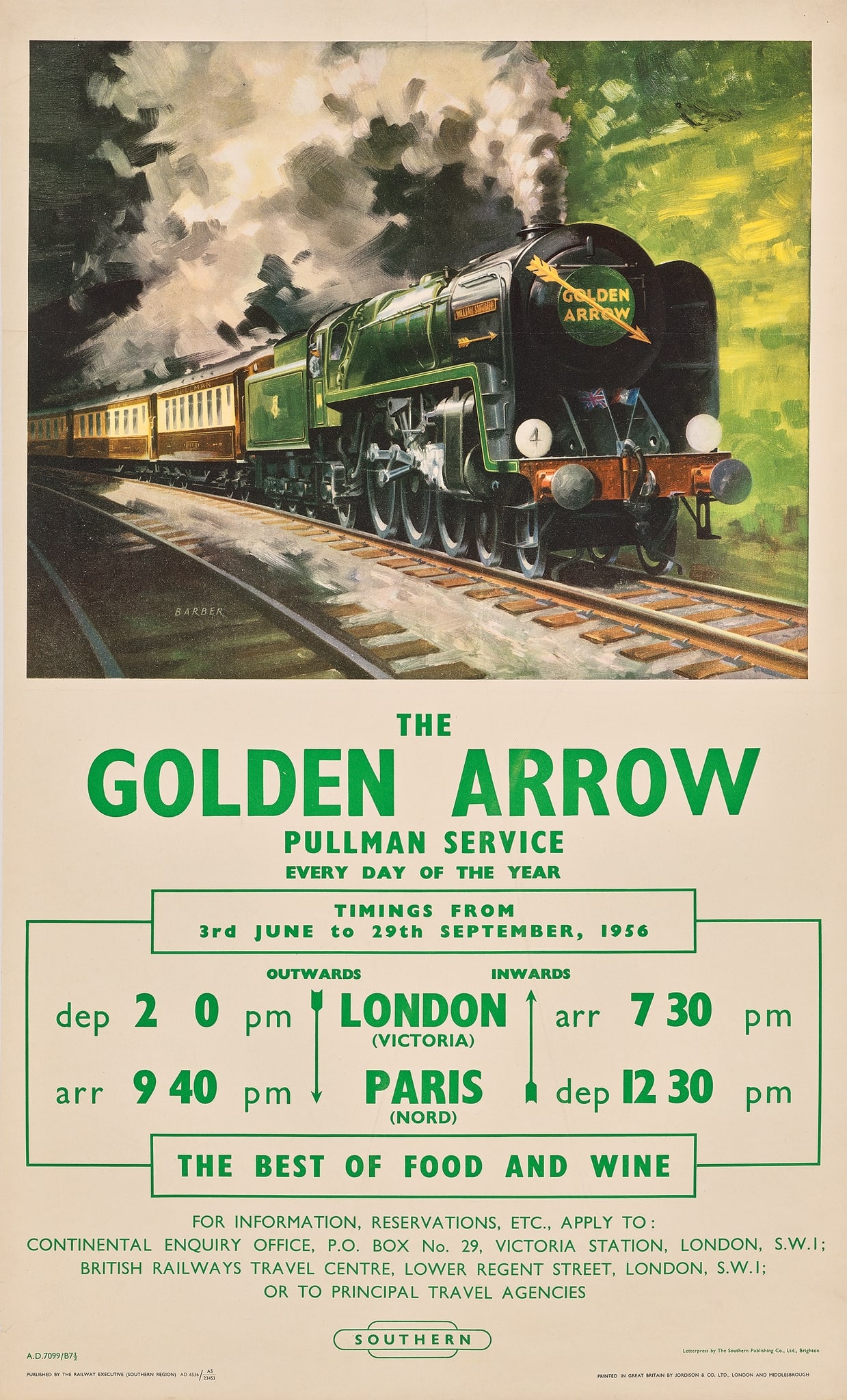 BARBER: BARBER THE GOLDEN ARROW PULLMAN SERVICE offset lithographic poster, 1956, condition A-; backed on linen 39.5 x 24.5 in. (100 x 62 cm.) 