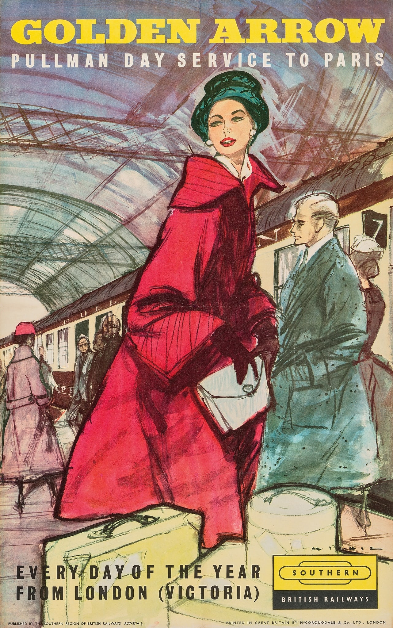 ANONYMOUS: ANONYMOUS GOLDEN ARROW PULLMAN DAY SERVICE TO PARIS offset lithographic poster, c.1950, condition B+; backed on linen 40 x 25 in. (102 x 64 cm.) 