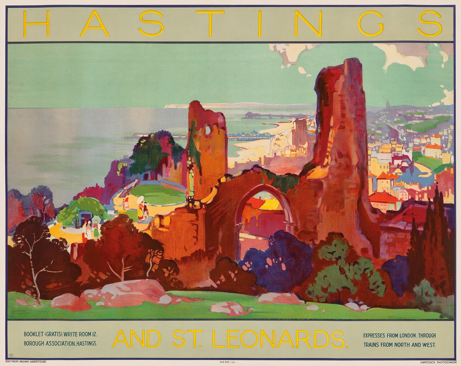 LEONARD RICHMOND (1889–1965): LEONARD RICHMOND (1889–1965) HASTINGS AND ST. LEONARDS lithographic poster, 1927, condition B+; backed on linen 40 x 50 in. (102 x 127 cm.) 