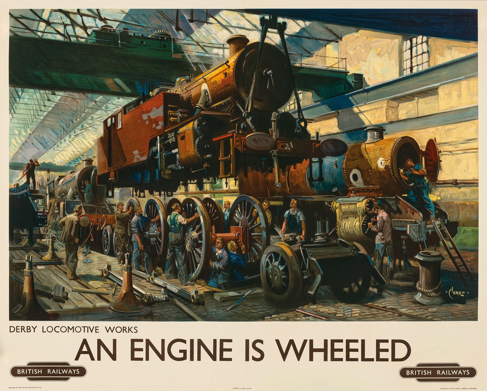 TERENCE CUNEO (1907–1996): TERENCE CUNEO (1907–1996) AN ENGINE IS WHEELED lithographic poster, 1949, condition A-; backed on linen 40 x 50in. (102 x 127cm.)