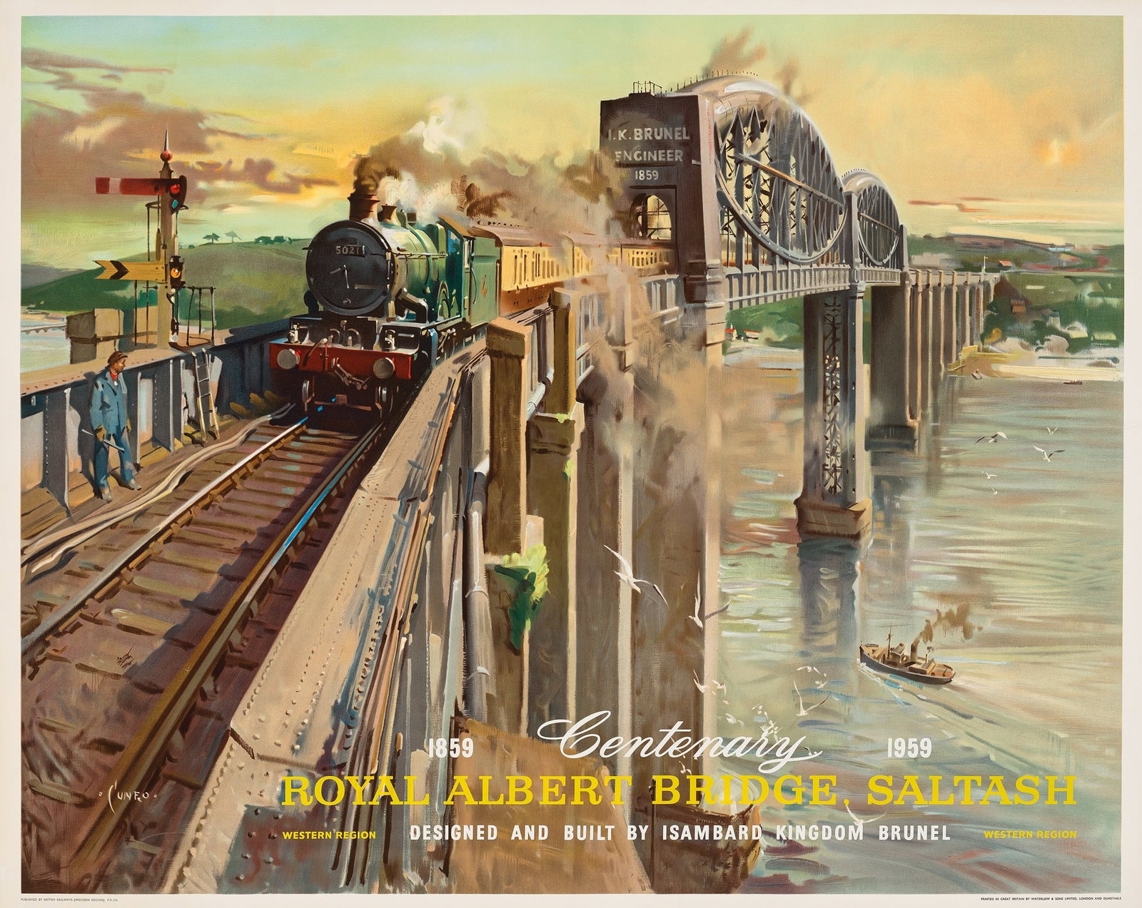 TERENCE CUNEO (1907–1996): TERENCE CUNEO (1907–1996) ROYAL ALBERT BRIDGE, SALTASH lithographic poster, 1959, condition A; backed on linen 39.5 x 50in. (100 x 127cm.)