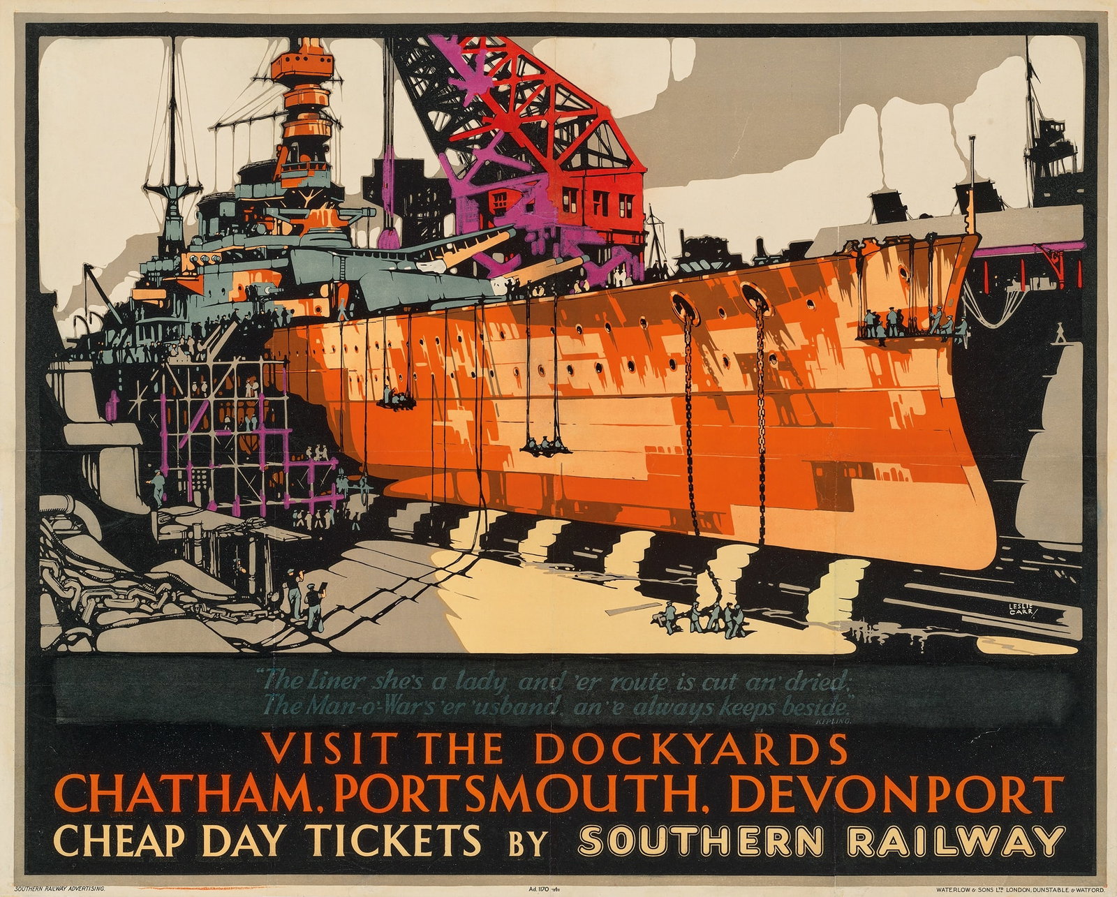 LESLIE CARR (1891–1969): LESLIE CARR (1891–1969) VISIT THE DOCKYARDS, CHATHAM, PORTSMOUTH, DEVONPORT lithographic poster, 1930, condition B/B+; backed on linen 40 x 50in. (102 x 127cm.)