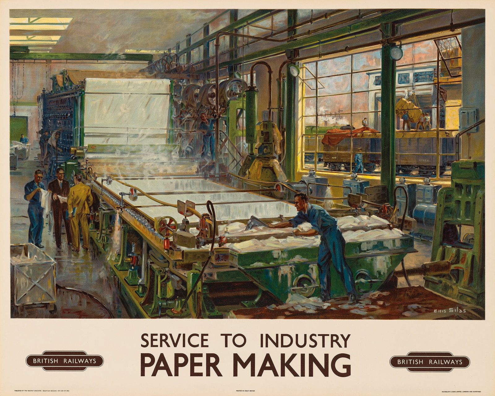 ELLIS SILAS (1883–1972): ELLIS SILAS (1883–1972) SERVICE TO INDUSTRY, PAPERMAKING lithographic poster, 1930, condition A; backed on linen 40 x 50in. (102 x 127cm.)