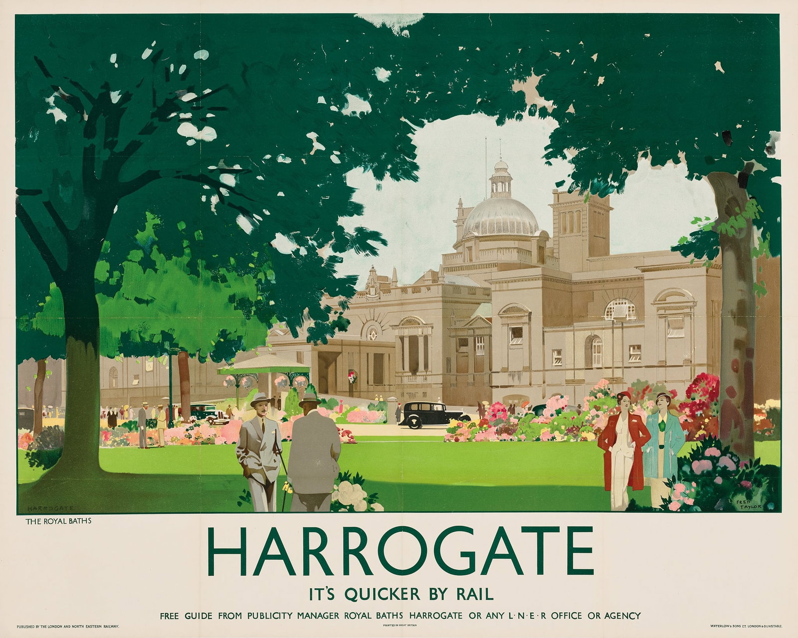 FRED TAYLOR (1875-1963): FRED TAYLOR (1875-1963) HARROGATE, THE ROYAL BATHS lithographic poster, c.1930, condition B+; backed on linen 40 x 50in. (102 x 127cm.)