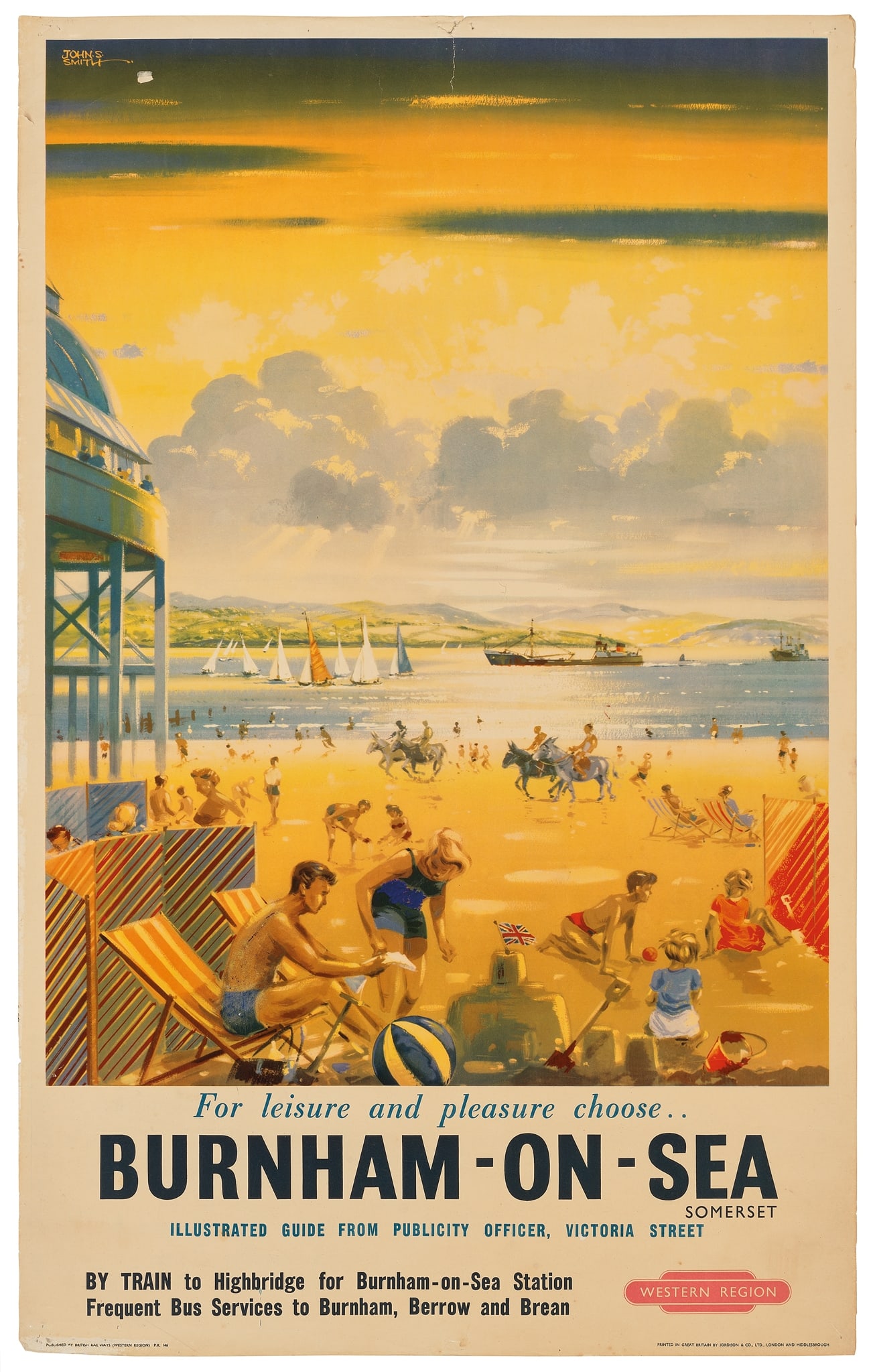 JOHN S SMITH (1921-2010): JOHN S SMITH (1921-2010) BURNHAM-ON-SEA offset lithographic poster, c.1950, condition B+; not backed 40 x 25in. (102 x 64cm.)