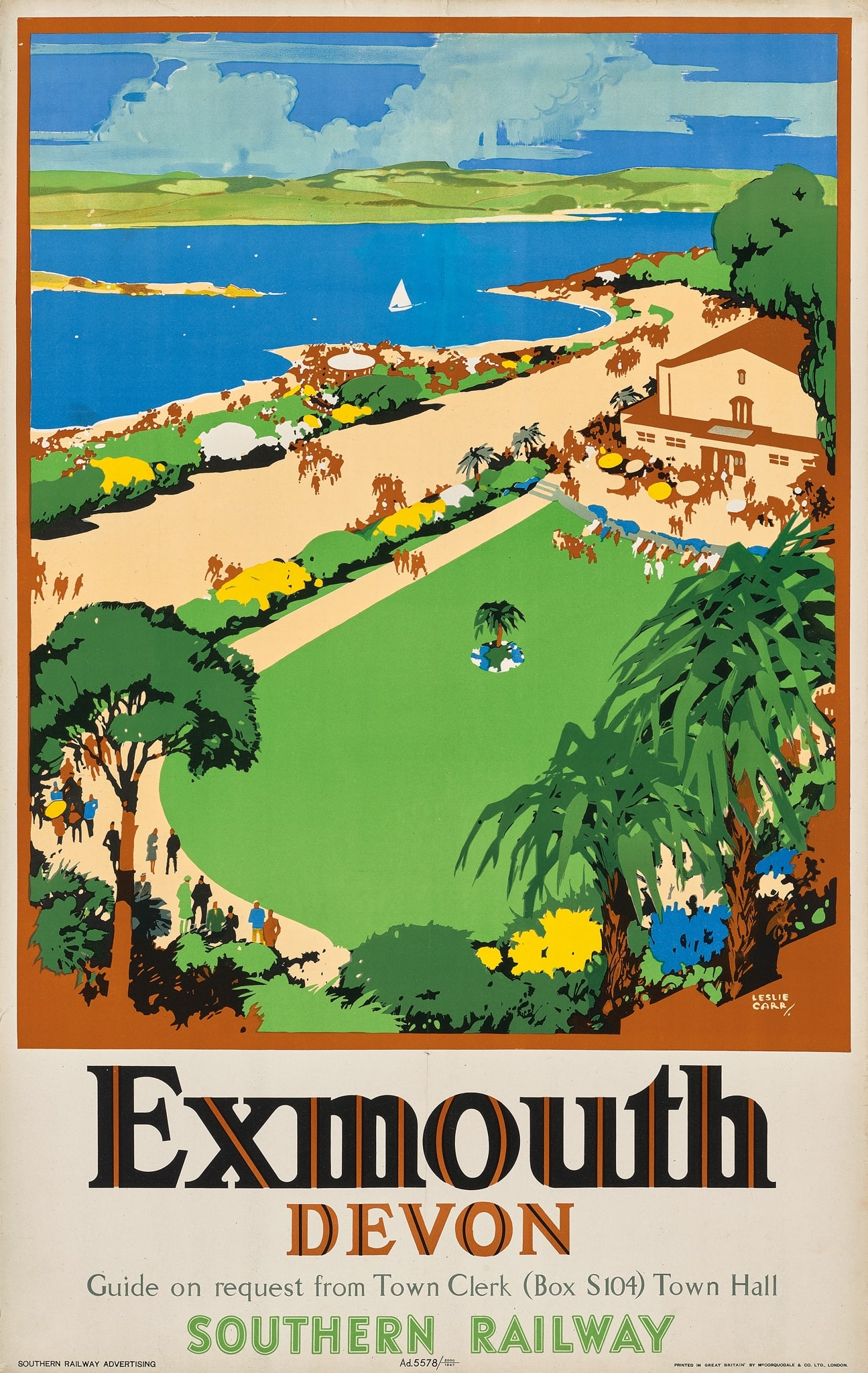 LESLIE CARR (1881-1969): LESLIE CARR (1881-1969) EXMOUTH, DEVON lithographic poster, 1947, condition B+; backed on linen 40 x 25in. (102 x 64cm.)