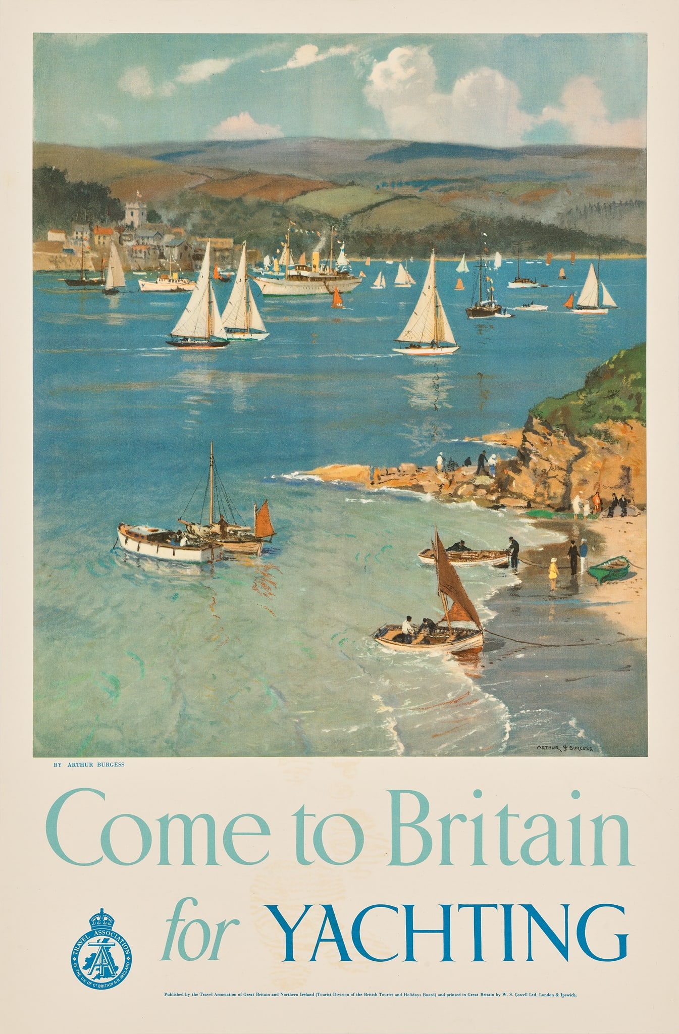 ARTHUR JAMES WETHERALL BURGESS (1879–1957): ARTHUR JAMES WETHERALL BURGESS (1879–1957) COME TO BRITAIN FOR YACHTING offset lithographic poster, 1946, condition A-; backed on linen 30 x 19.5in. (76 x 50cm.)