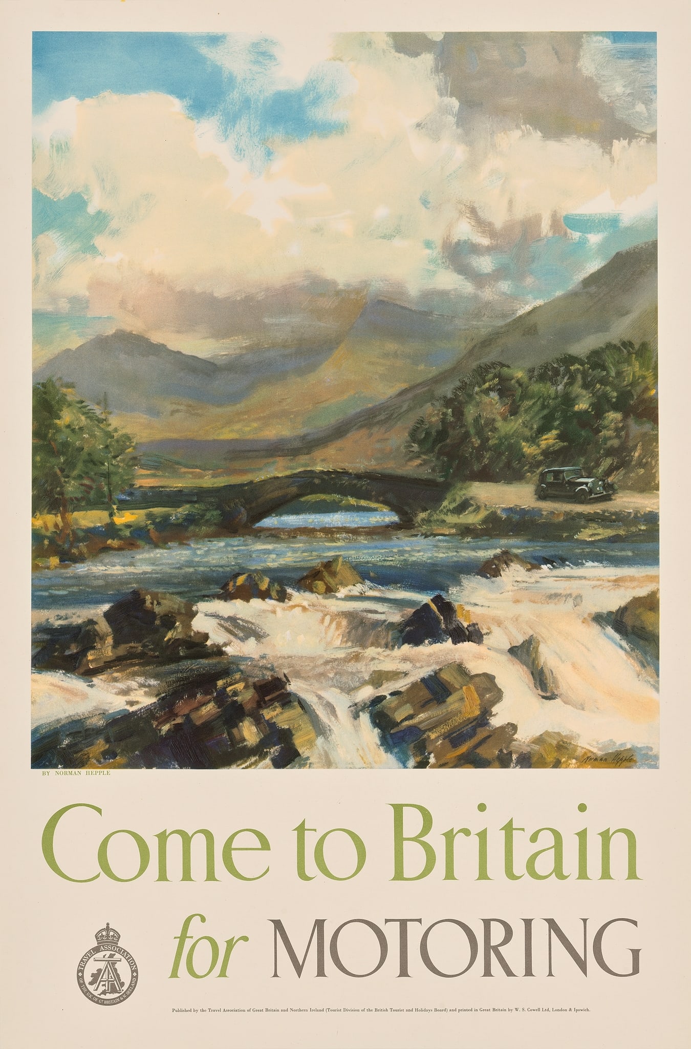 NORMAN HEPPLE (1908–1994): NORMAN HEPPLE (1908–1994) COME TO BRITAIN FOR MOTORING offset lithographic poster, 1946, condition A; backed on linen 30 x 19.5in. (76 x 50cm.)