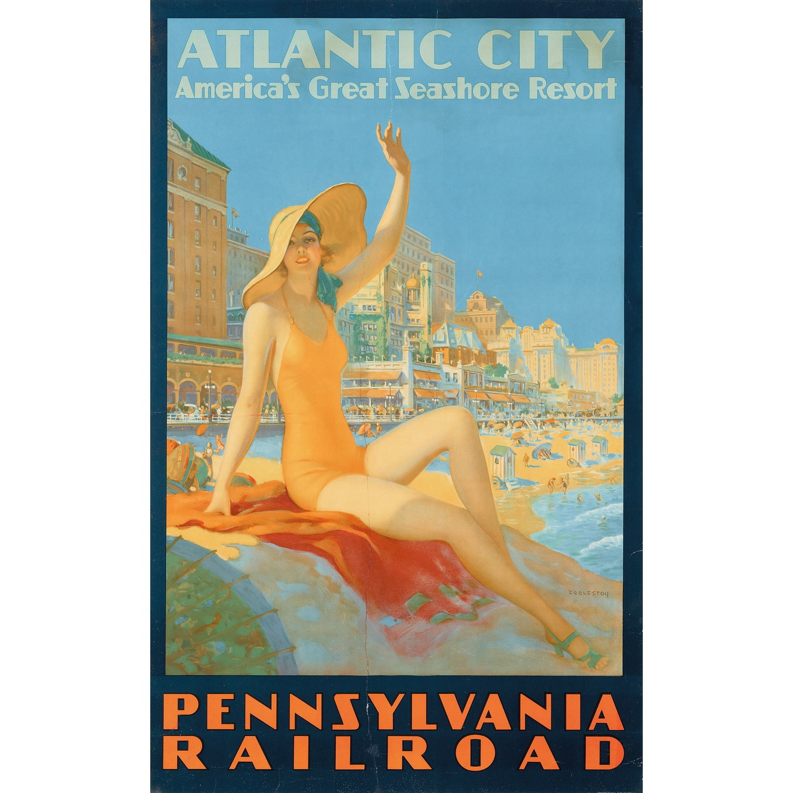 EDWARD MASON EGGLESTON (1885-1941): EDWARD MASON EGGLESTON (1885-1941) ATLANTIC CITY, PENNSYLVANIA RAILROAD lithographic poster, c.1935, condition B+; backed on linen, framed 40.5 x 25in. (103 x 64cm.)