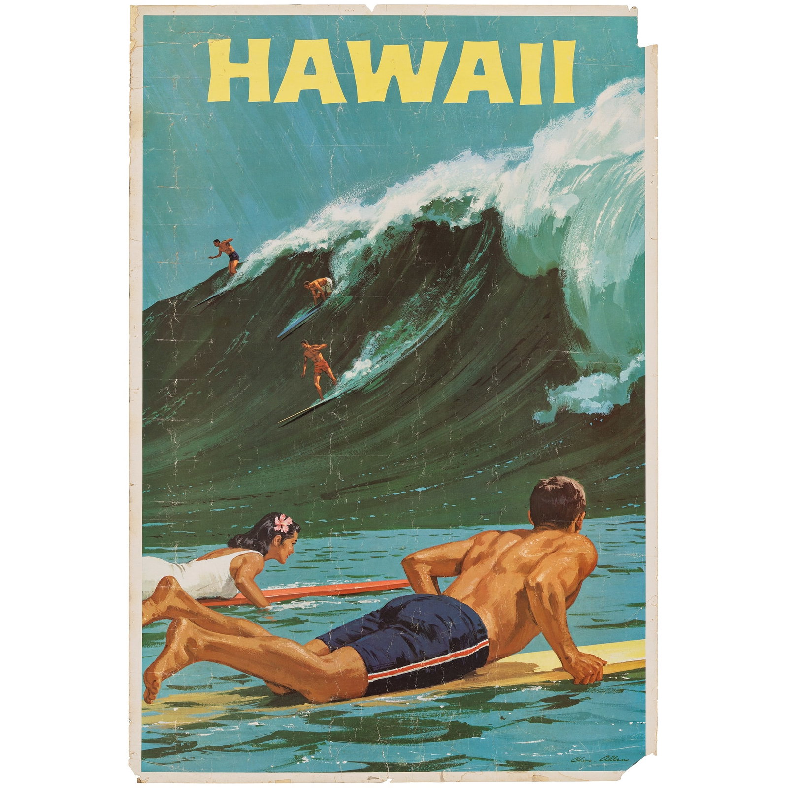 CHARLES 'CHAS' ALLEN (1922-2011): CHARLES 'CHAS' ALLEN (1922-2011) HAWAII offset lithographic poster, c.1955, condition B-; not backed 37.5 x 25.5in (96 x.65cm.)