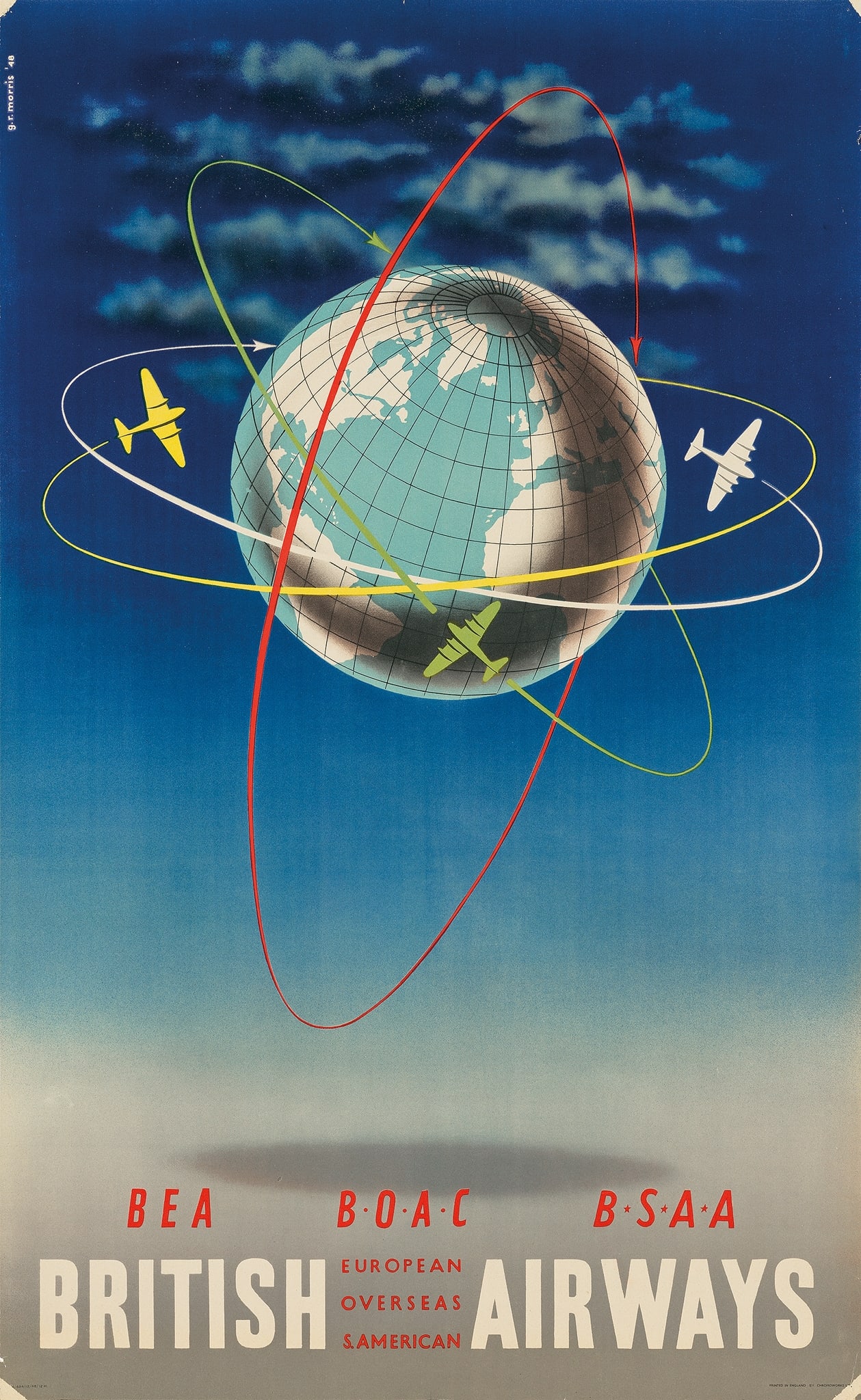 G. R. MORRIS: G. R. MORRIS BRITISH AIRWAYS, BEA, B.O.A.C., B.S.A.A. offset lithographic poster, 1948, condition A-; not backed 39.5 x 24.5 in. (100 x 62 cm.)
