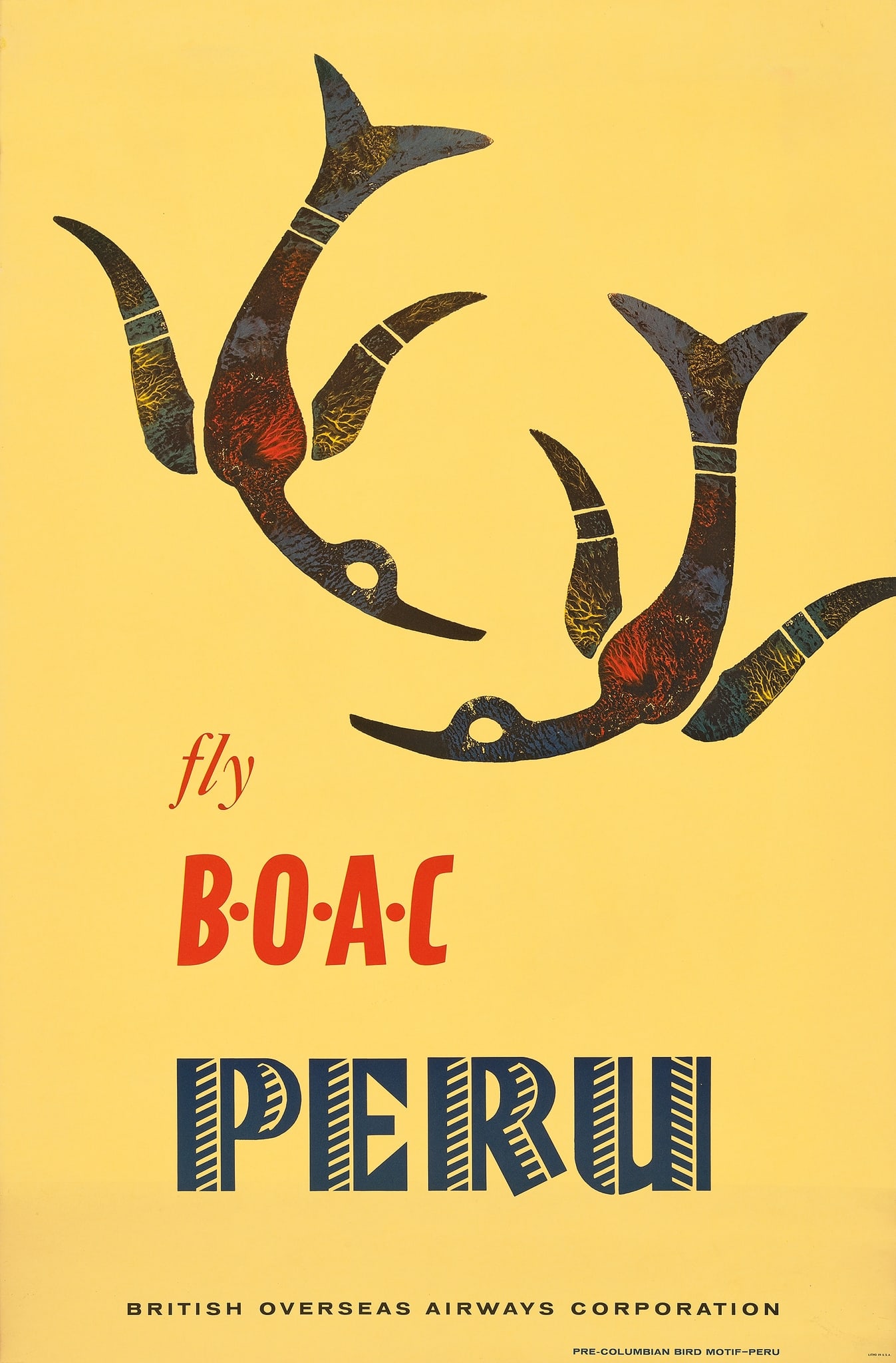ANONYMOUS: ANONYMOUS FLY B.O.A.C, PERU lithographic poster; 1961, condition A-; backed on linen 37 x 24in. (94 x 61cm.)