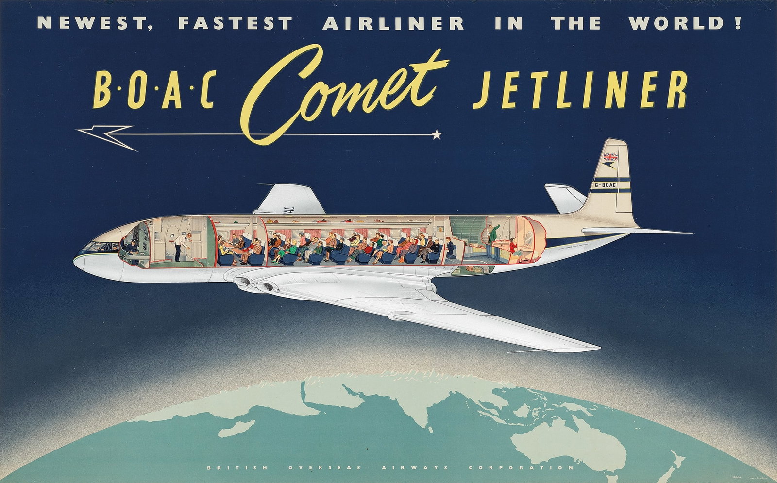 ANONYMOUS: ANONYMOUS B.O.A.C., COMET, JETLINER lithographic poster; 1950, condition A-; backed on linen 25 x 40in. (64 x 102cm.)
