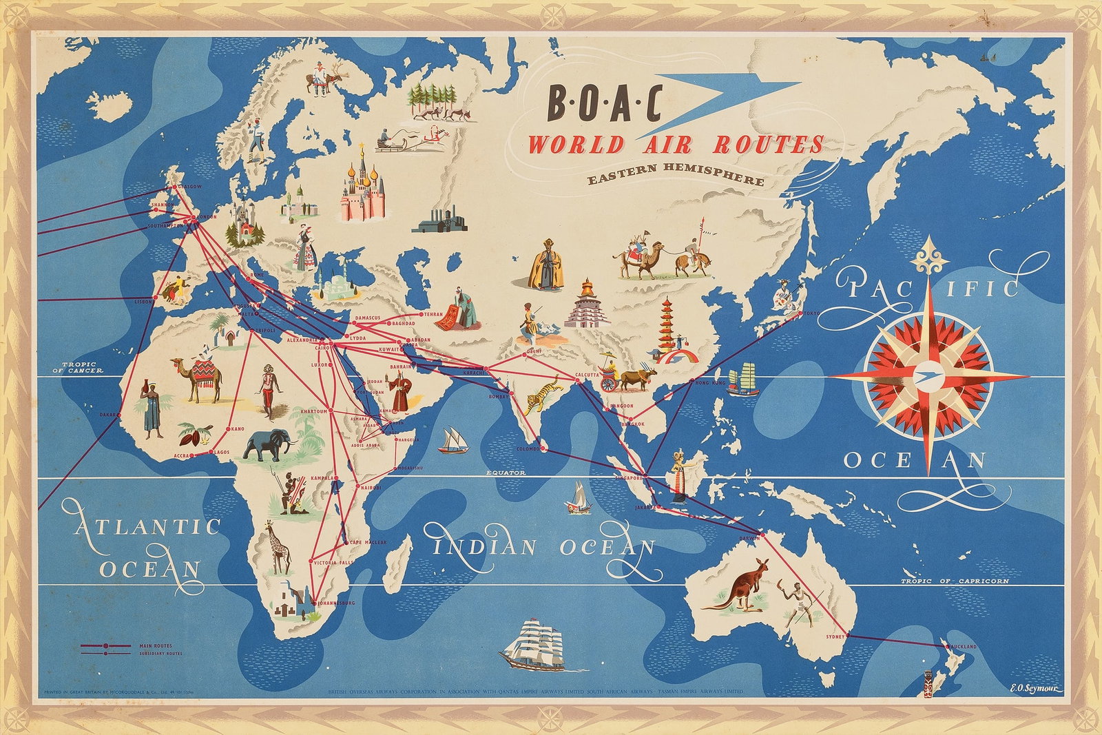 E. O. SEYMOUR: E. O. SEYMOUR B.O.A.C., WORLD AIR ROUTES, EASTERN HEMISPHERE lithographic poster; 1949, condition B+; backed on linen 20.5 x 31in. (52 x 79cm.)