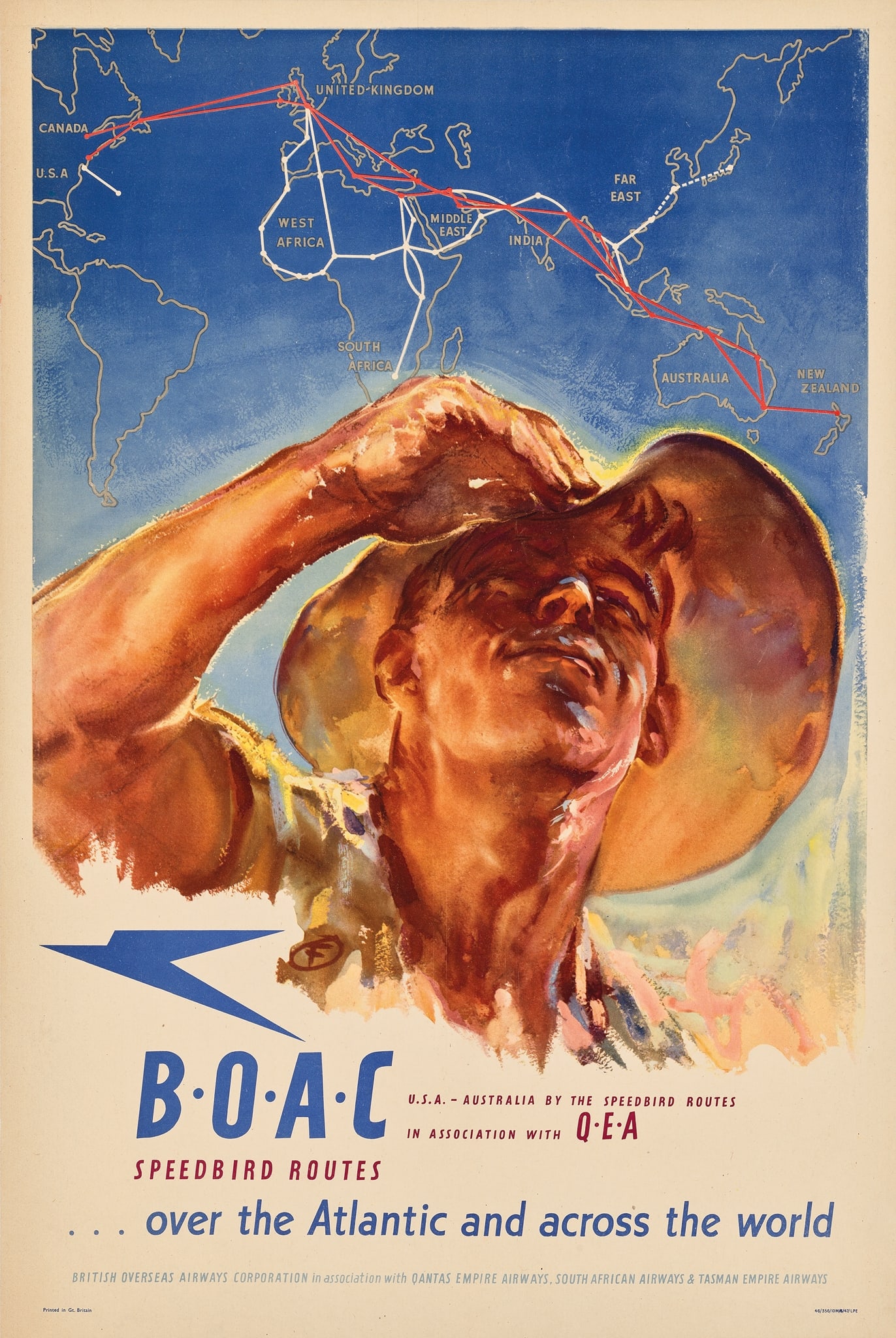 HAROLD PERCY FORSTER (1895–1975): HAROLD PERCY FORSTER (1895–1975) B.O.A.C, Q.E.A offset lithographic poster, 1946, condition A; backed on linen 30 x 20in. (76 x 51cm.)