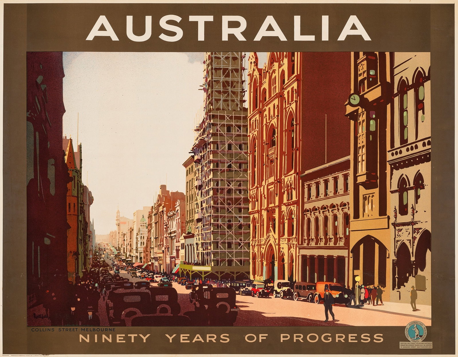 JAMES NORTHFIELD (1887–1973): JAMES NORTHFIELD (1887–1973) MELBOURNE, NINETY YEARS OF PROGRESS lithographic poster, c.1930, condition A-; backed on linen 39 x 50 in. (99 x 127 cm.) 