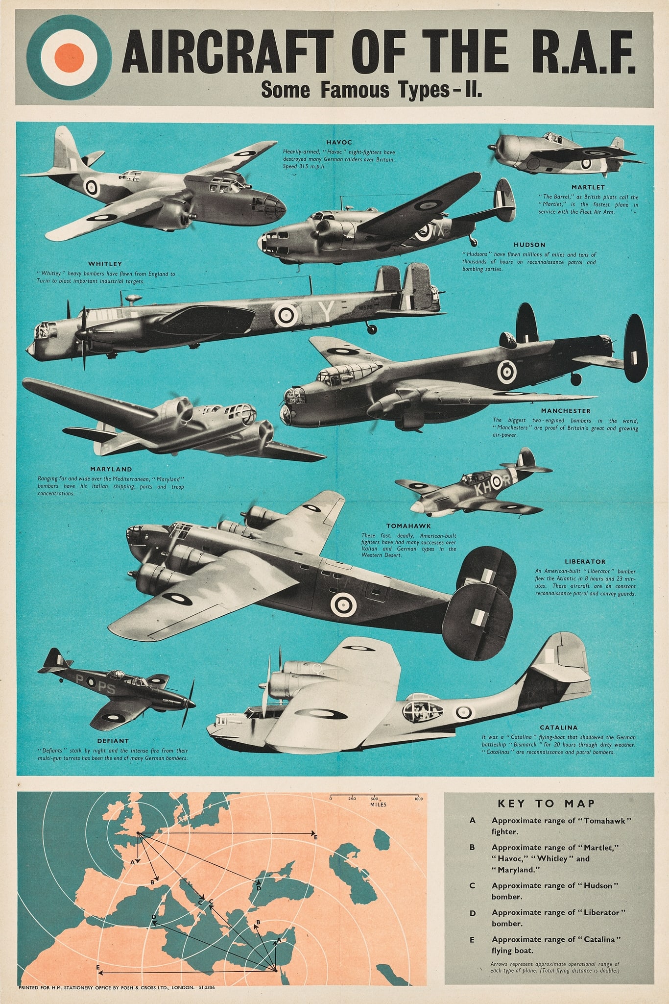 ANONYMOUS: ANONYMOUS AIRCRAFT OF THE R.A.F., SOME FAMOUS TYPES - II. offset lithographic poster, 1942, condition A-; backed on linen 30 x 20in. (76 x 51cm.)