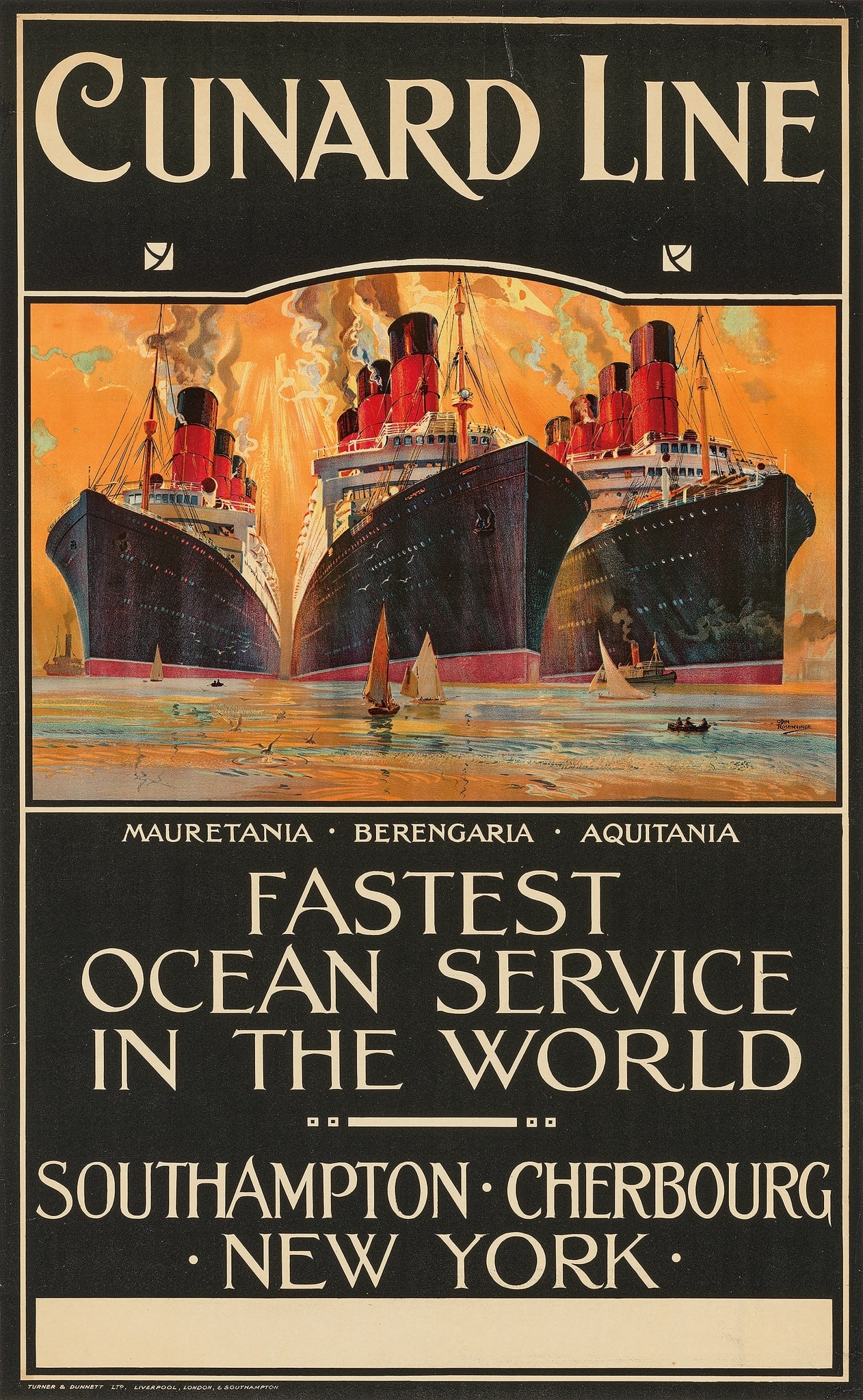 ODIN ROSENVINGE (1880–1959): ODIN ROSENVINGE (1880–1959) CUNARD LINE TO NEW YORK, MAURETANIA, BERENGARIA, AQUITANIA lithographic poster, c.1920, condition B+/A-; backed on linen 39.5 x 24in. (100 x 61cm.)