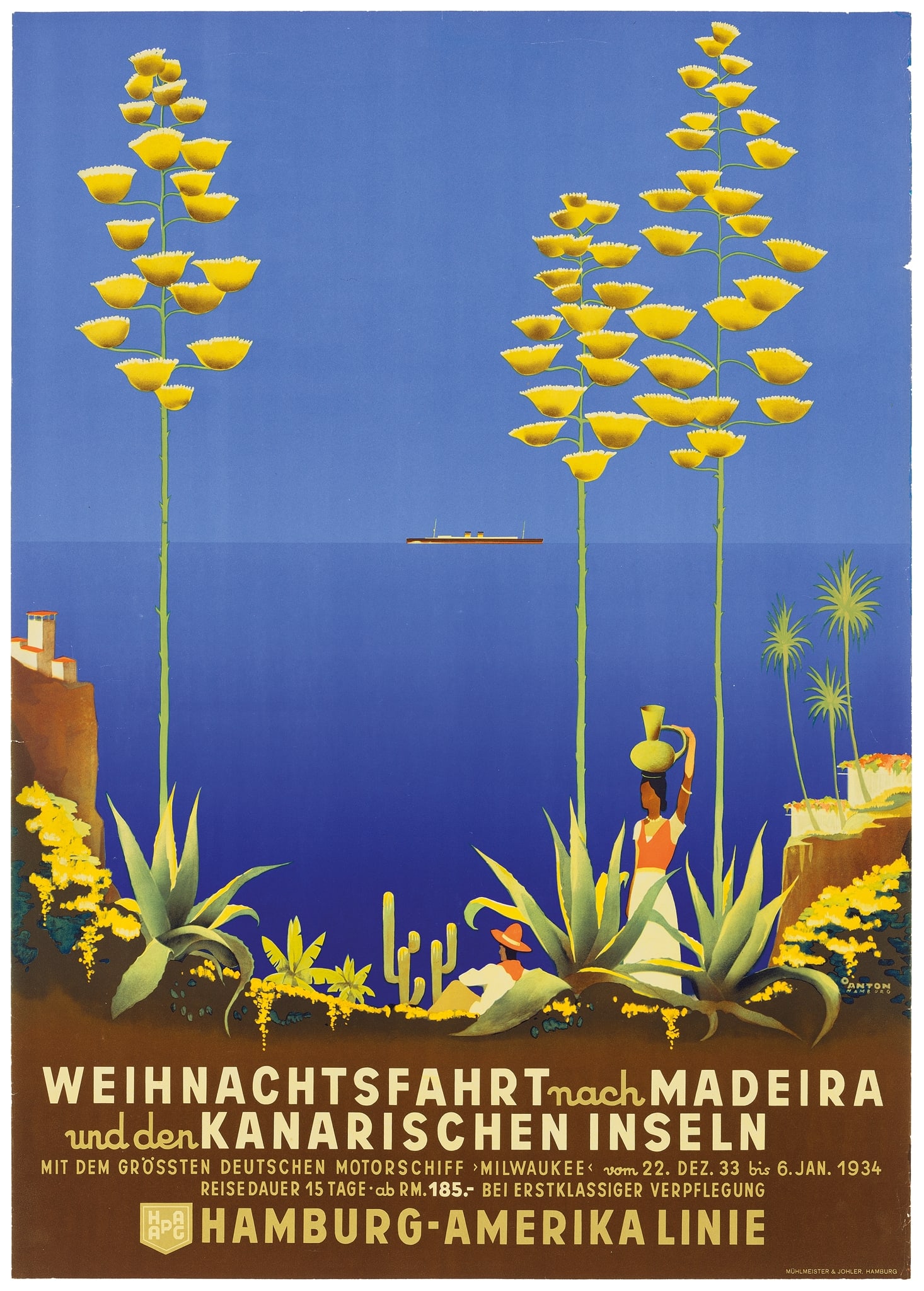 OTTOMAR ANTON (1895–1976): OTTOMAR ANTON (1895–1976) MADEIRA, KANARISCHEN INSELN, HAMBURG-AMERIKA LINIE (MADEIRA & CANARY ISLANDS) lithographic poster, 1934, condition A-; not backed 33 x 23.5in. (84 x 60cm.)