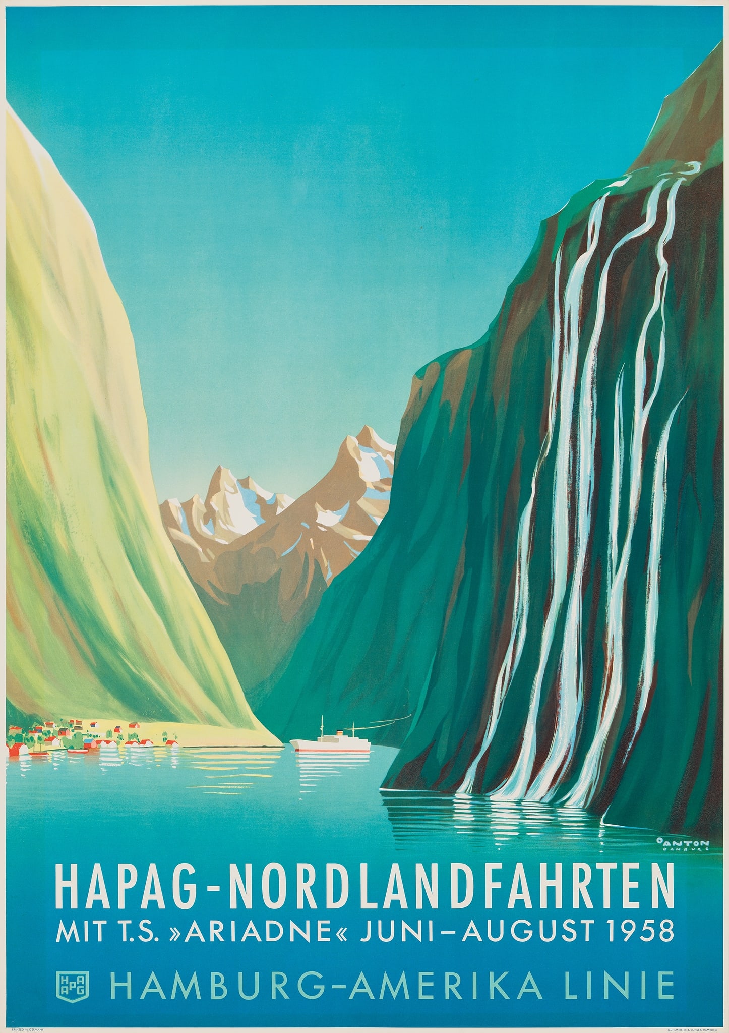 OTTOMAR ANTON (1895–1976): OTTOMAR ANTON (1895–1976) HAPAG-NORDLANDFAHRTEN, HAMBURG-AMERIKA LINIE lithographic poster, 1958, condition A; not backed 33 x 23.5in. (84 x 60cm.)