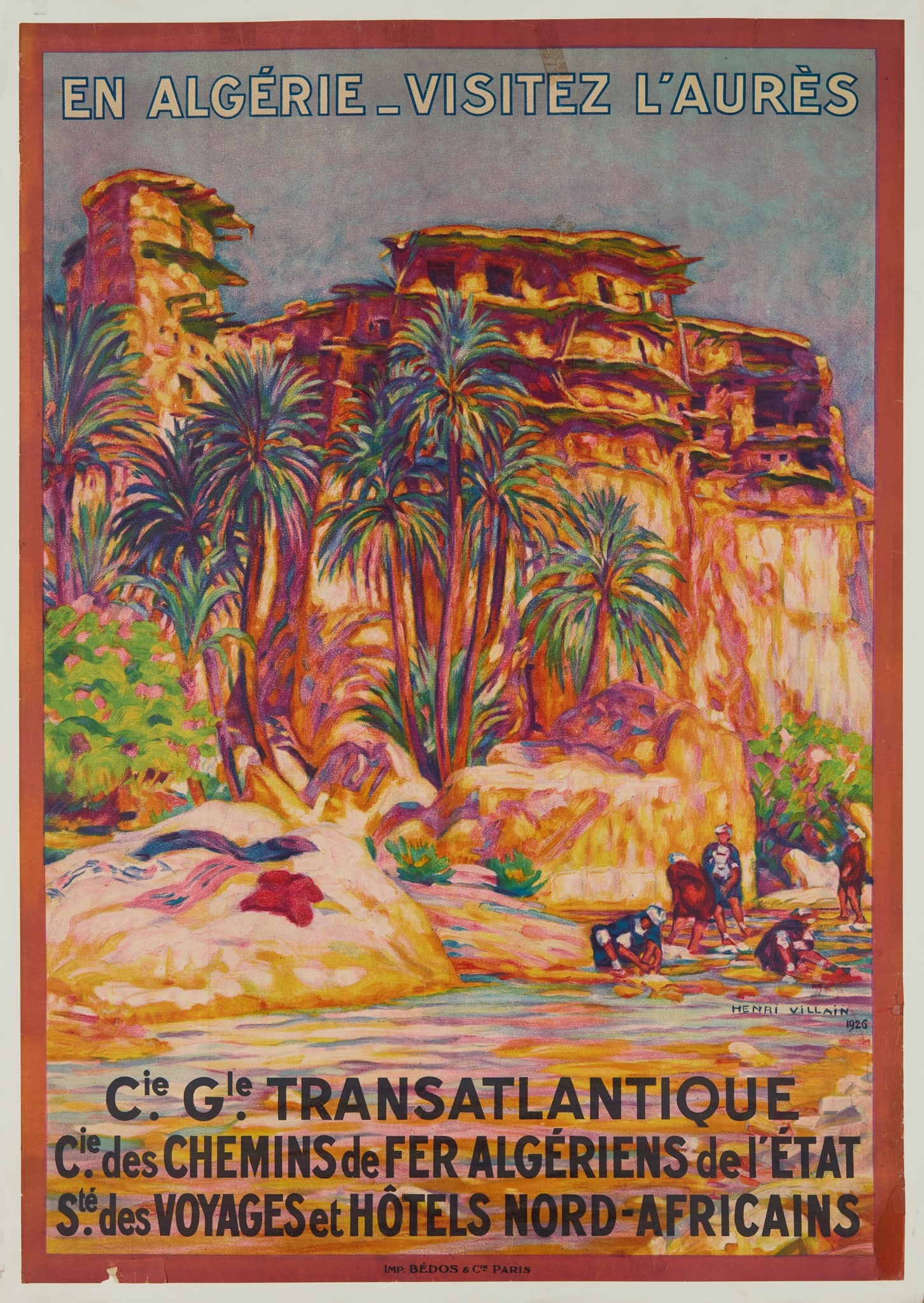 HENRI VILLAIN (1878–1938): HENRI VILLAIN (1878–1938) ALGERIE lithographic poster, 1926, condition B+; backed on paper 41 x 30in. (104 x 76cm.)