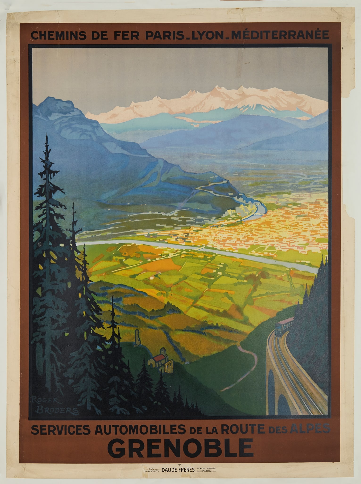 ROGER BRODERS (1883-1953): ROGER BRODERS (1883-1953) GRENOBLE lithographic poster, c.1922, condition B-/B; backed on paper 42 x 31 in. (107 x 79 cm.)