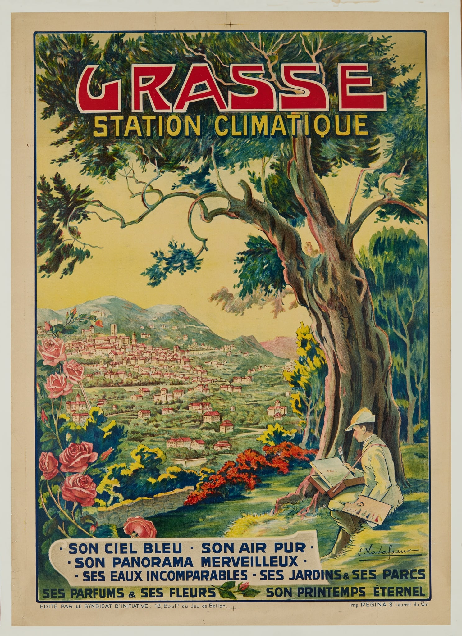 EUGENE VAVASSEUR (1843 - 1949): EUGENE VAVASSEUR (1843 - 1949) GRASSE lithographic poster, 1928, condition B+; backed on paper 41 x 29 in. (104 x 75 cm.) 