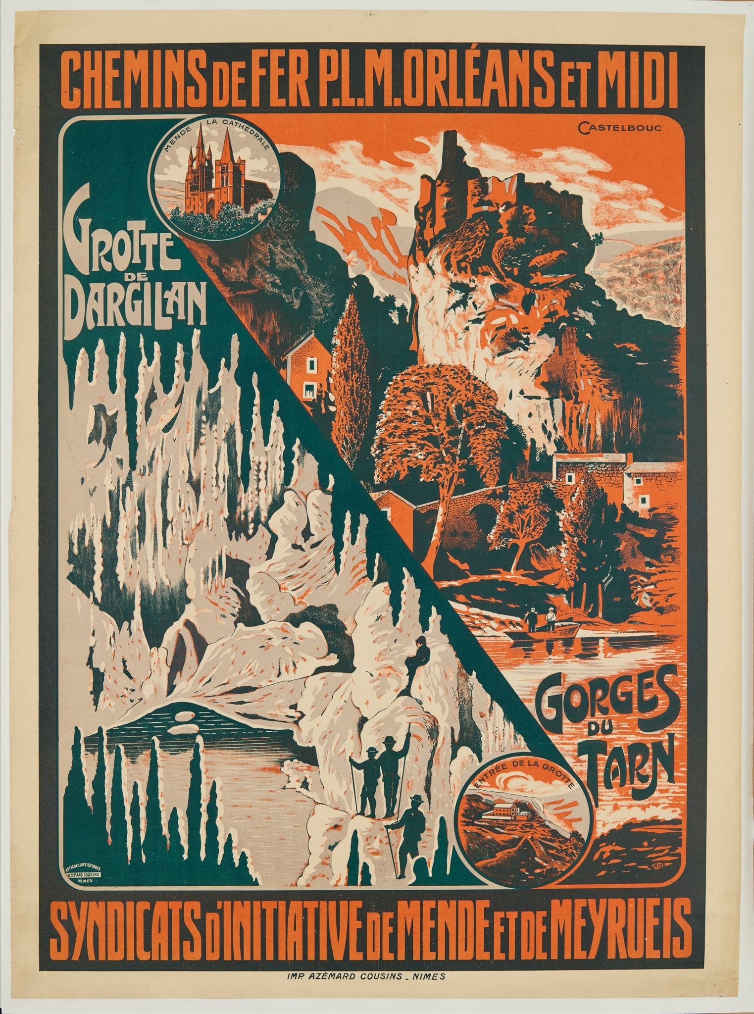 ANONYMOUS: ANONYMOUS GROTTE DE DARGILAN, GORGES DU TARN lithographic poster, 1928, condition B+; backed on paper 42.5 x 31in. (108 x 79cm.)