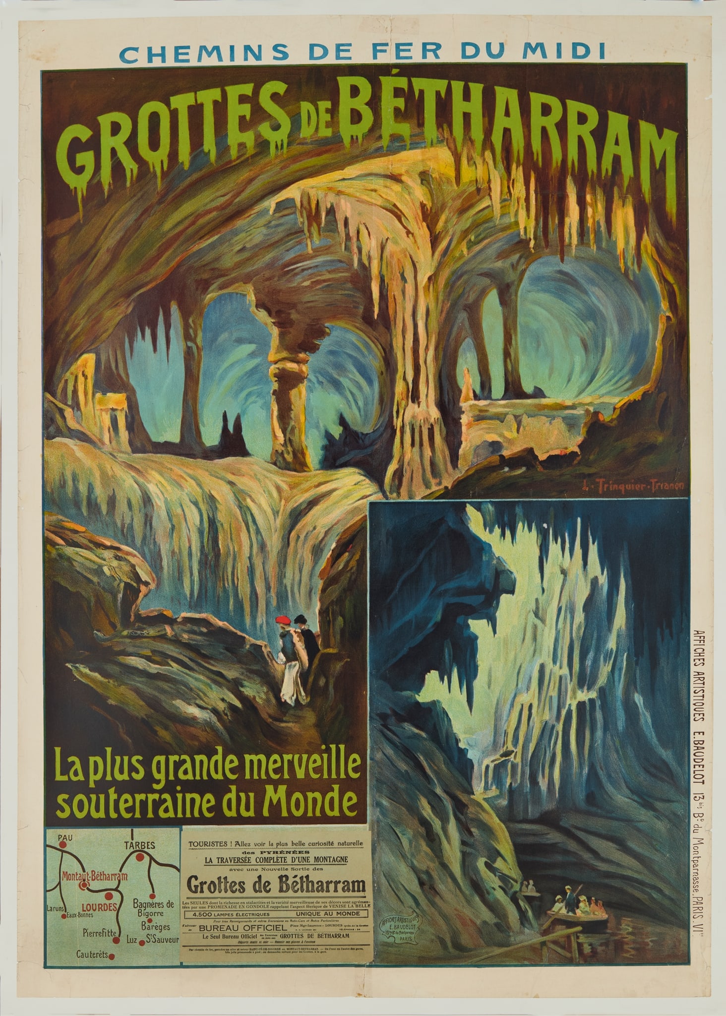 LOUIS TRINQUIER-TRIANON (1853-1922): LOUIS TRINQUIER-TRIANON (1853-1922) GROTTES DE BETHARRAM lithographic poster, c,1920, condition B/B+; backed on paper 39.5 x 27in. (100 x 68cm.) 