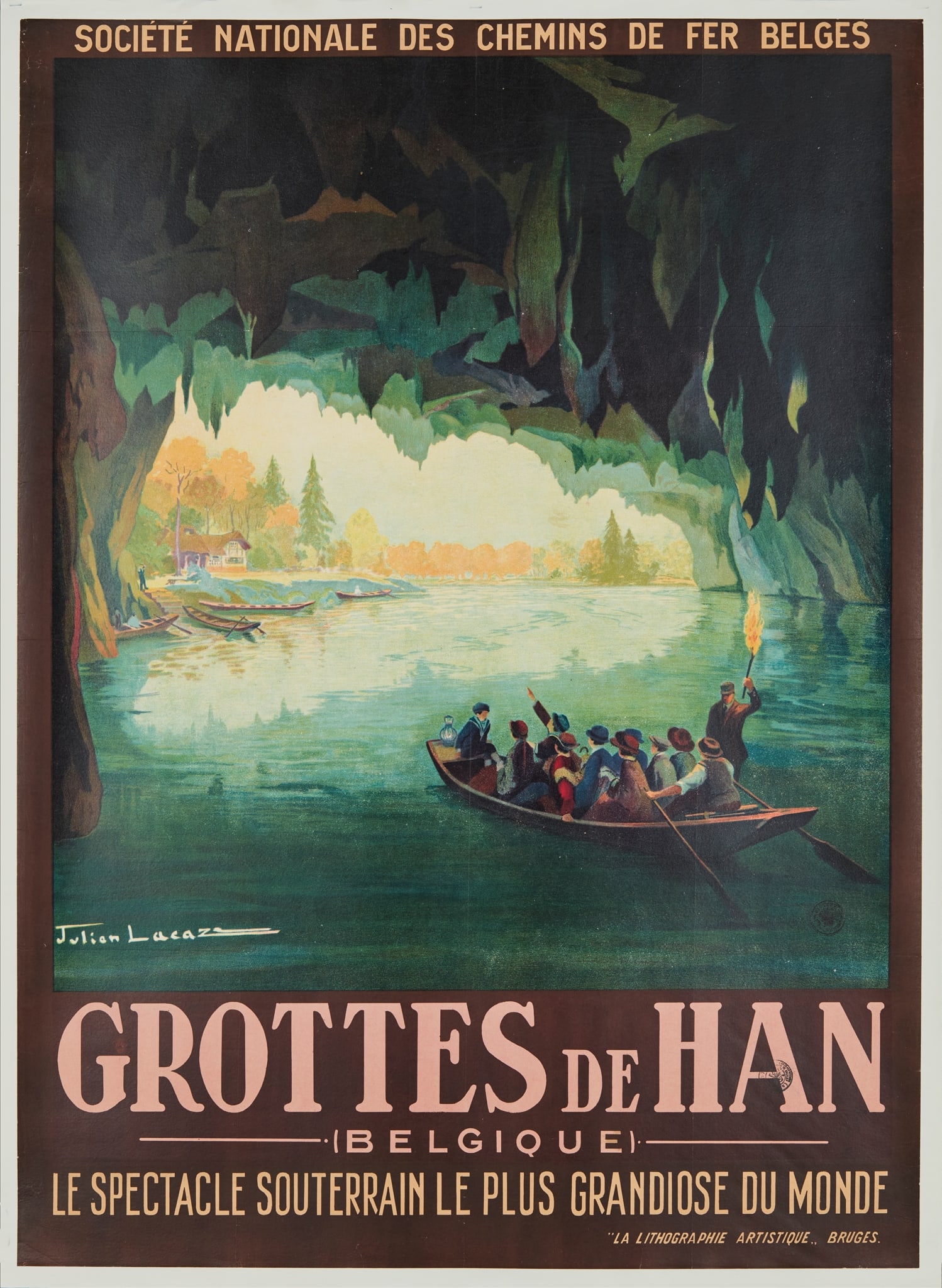JULIEN LACAZE (1886-1971): JULIEN LACAZE (1886-1971) GROTTES DE HAN lithographic poster, 1920, condition B+; backed on paper 41.5 x 30 in. (105 x 76 cm.)